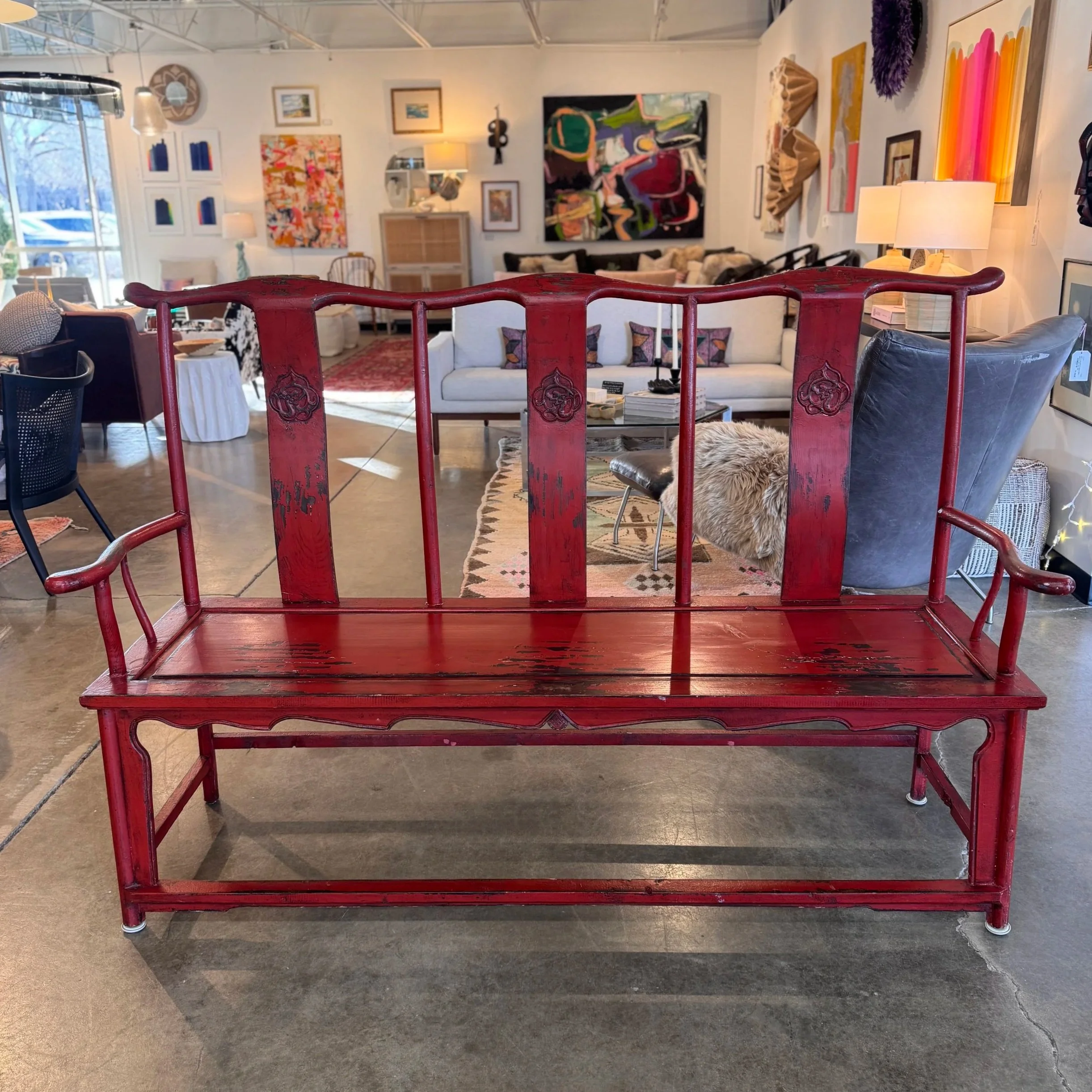 Chinese Red Lacquer Elmwood Bench - 67"W x 47"H
