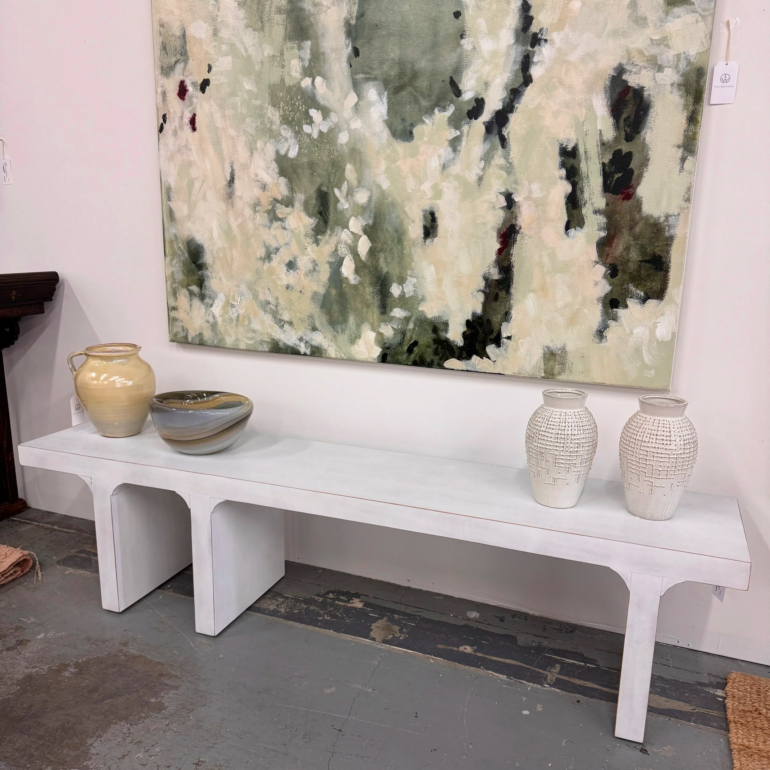 SOLD - Noir White Wash Mahogony Bench - 74W x 15D x 18.5H