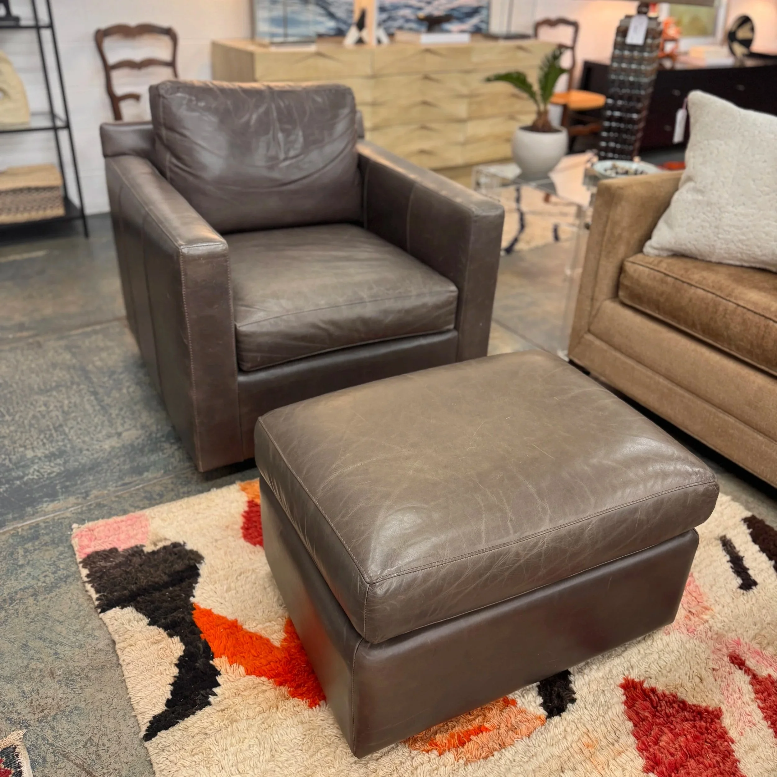 SOLD - Crate & Barrel Leather Armchair + Ottoman (35W x 36D x 30H)