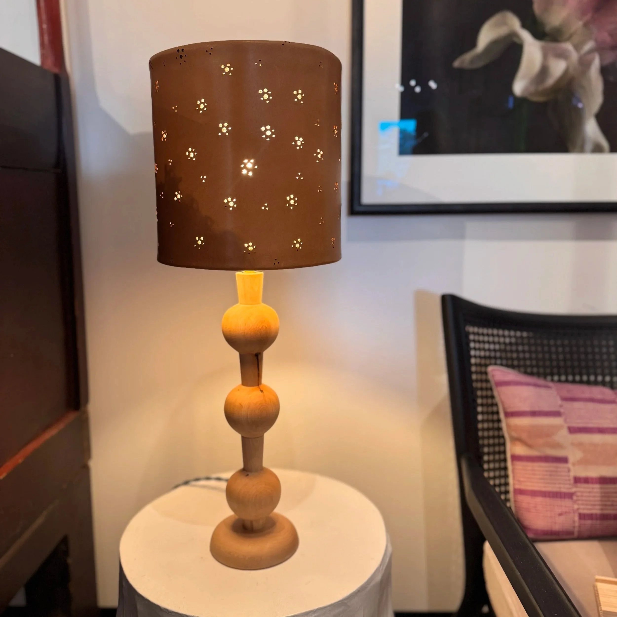 Hollow & Form Handcrafted Maple Lamp + Tan Leather Shade