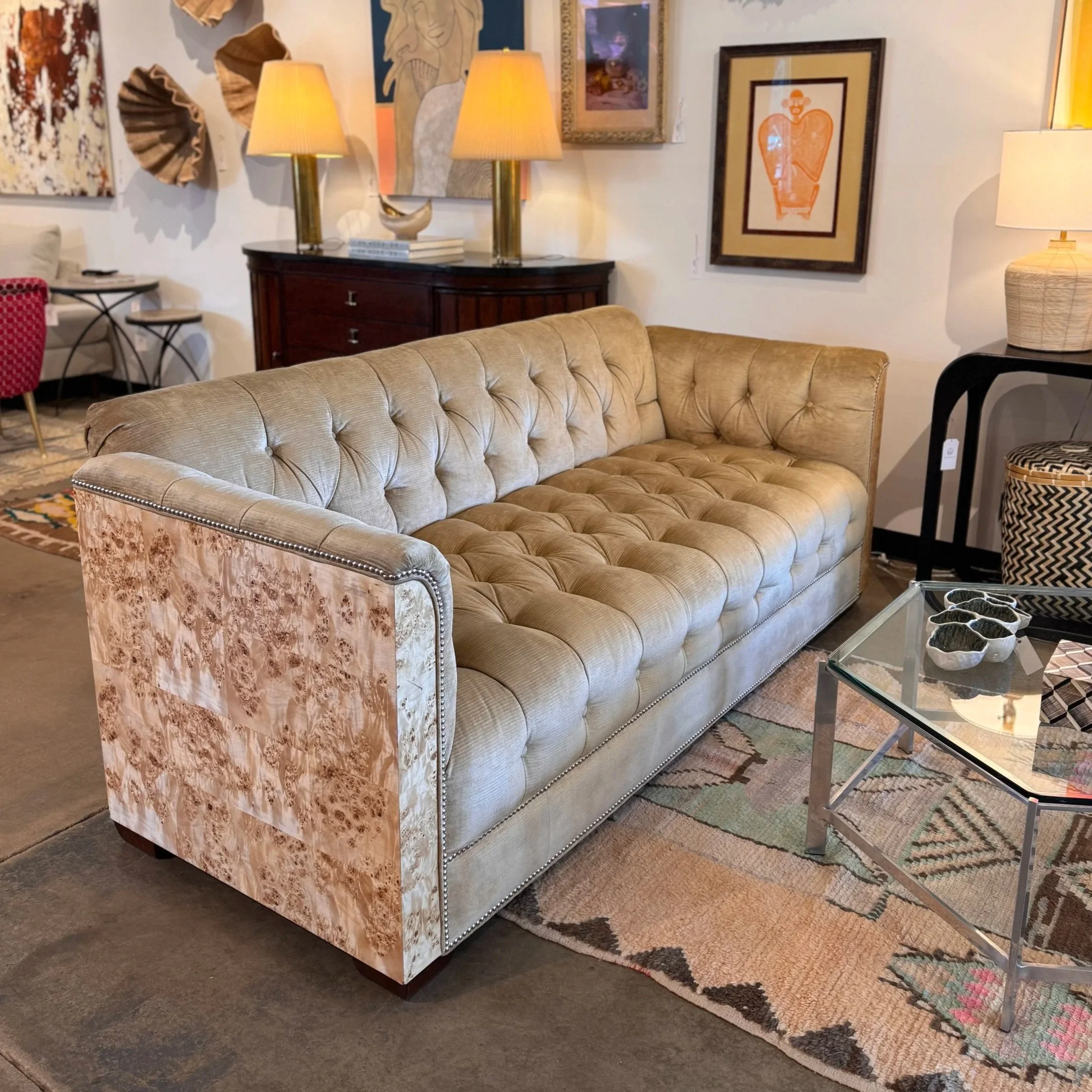 SOLD - Vintage Tufted Velvet Burlwood Sofa (82W x 37D)
