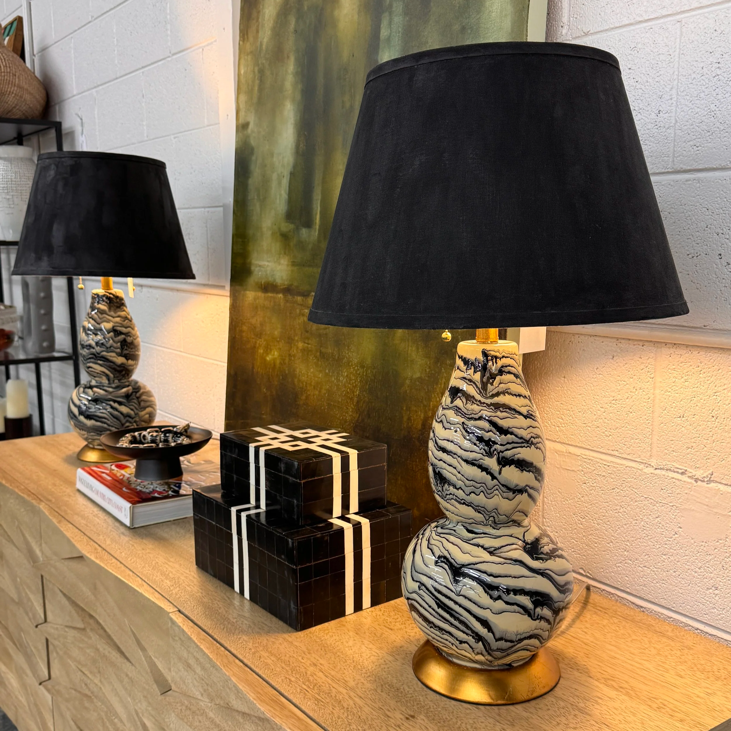 SOLD - Blk & Wht Marbled Glass Lamp (x2)