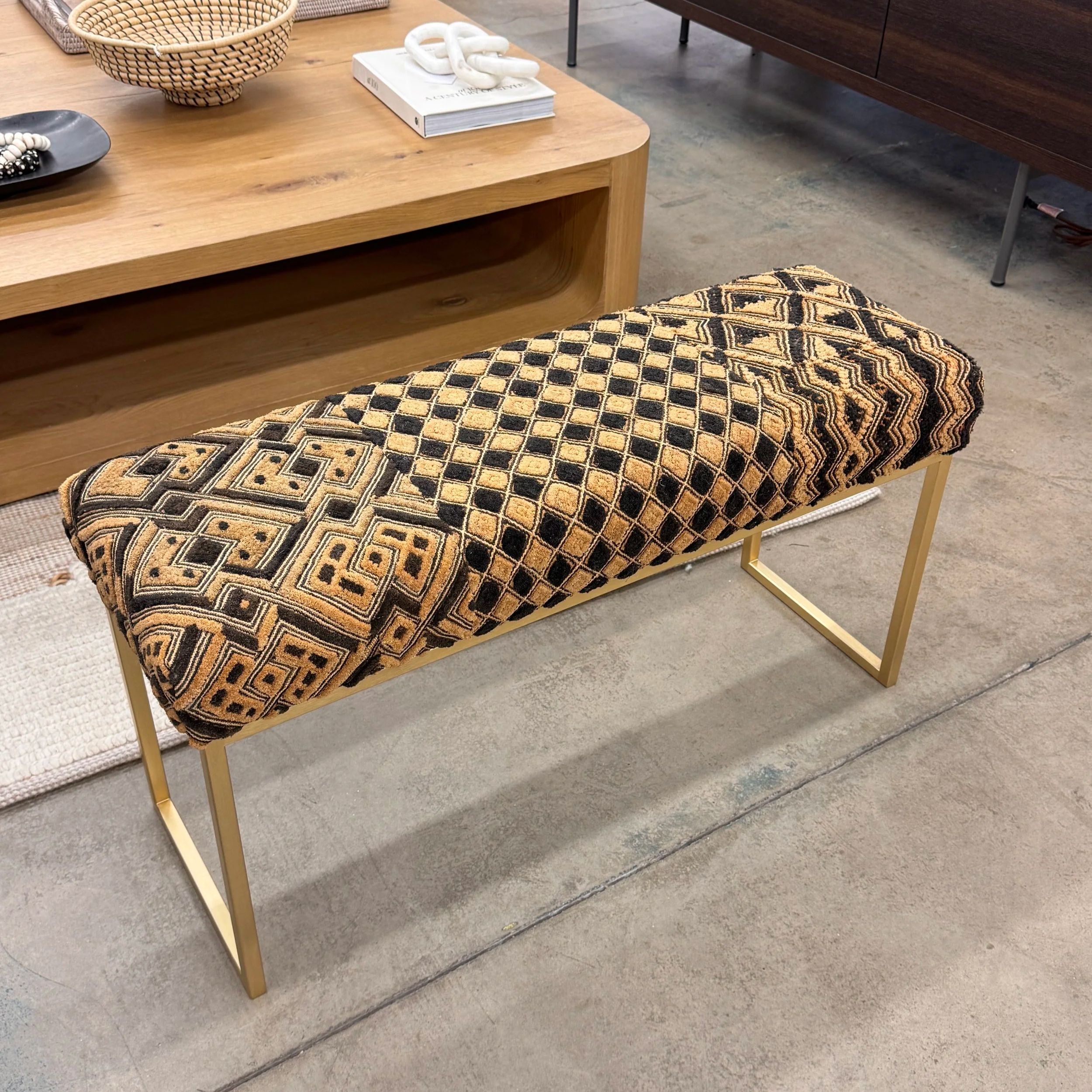 Handmade African Kuba Cloth Bench - 36W x 12D x 19H