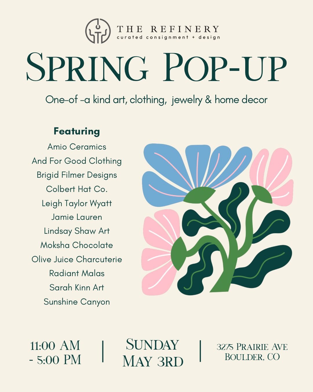 Join us next Sunday May 3rd to shop a stellar group of Colorado creatives! 🌸 Swipe through to see what&rsquo;s in store 👉 Treat your moms, your like-moms, and yourself. 🫶 See you there! 

@amioceramics 
@andforgood_ 
@brigidfilmer 
@colberthatco 
