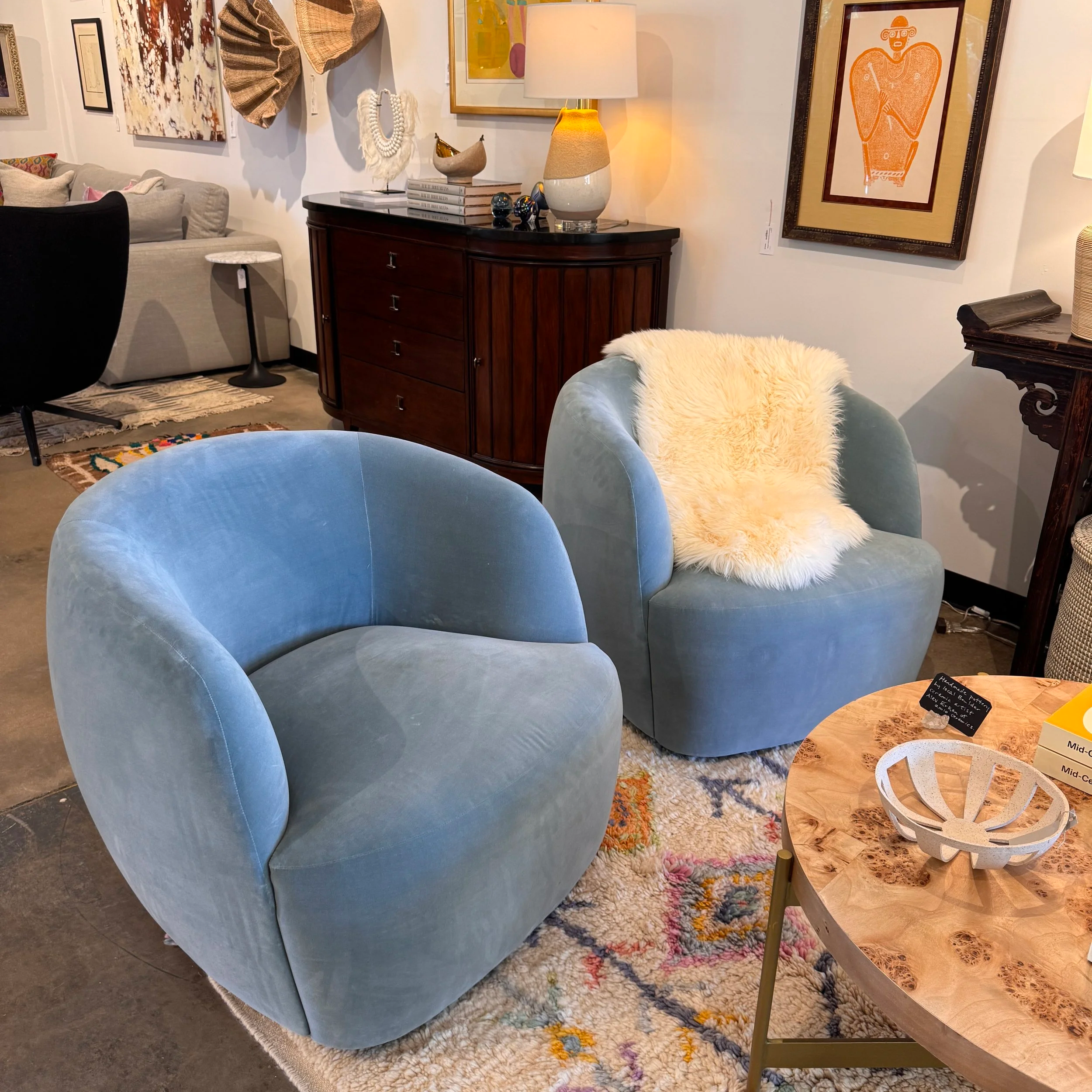 SOLD - CB2 Gwyneth Velvet Swivel Chair (x2)