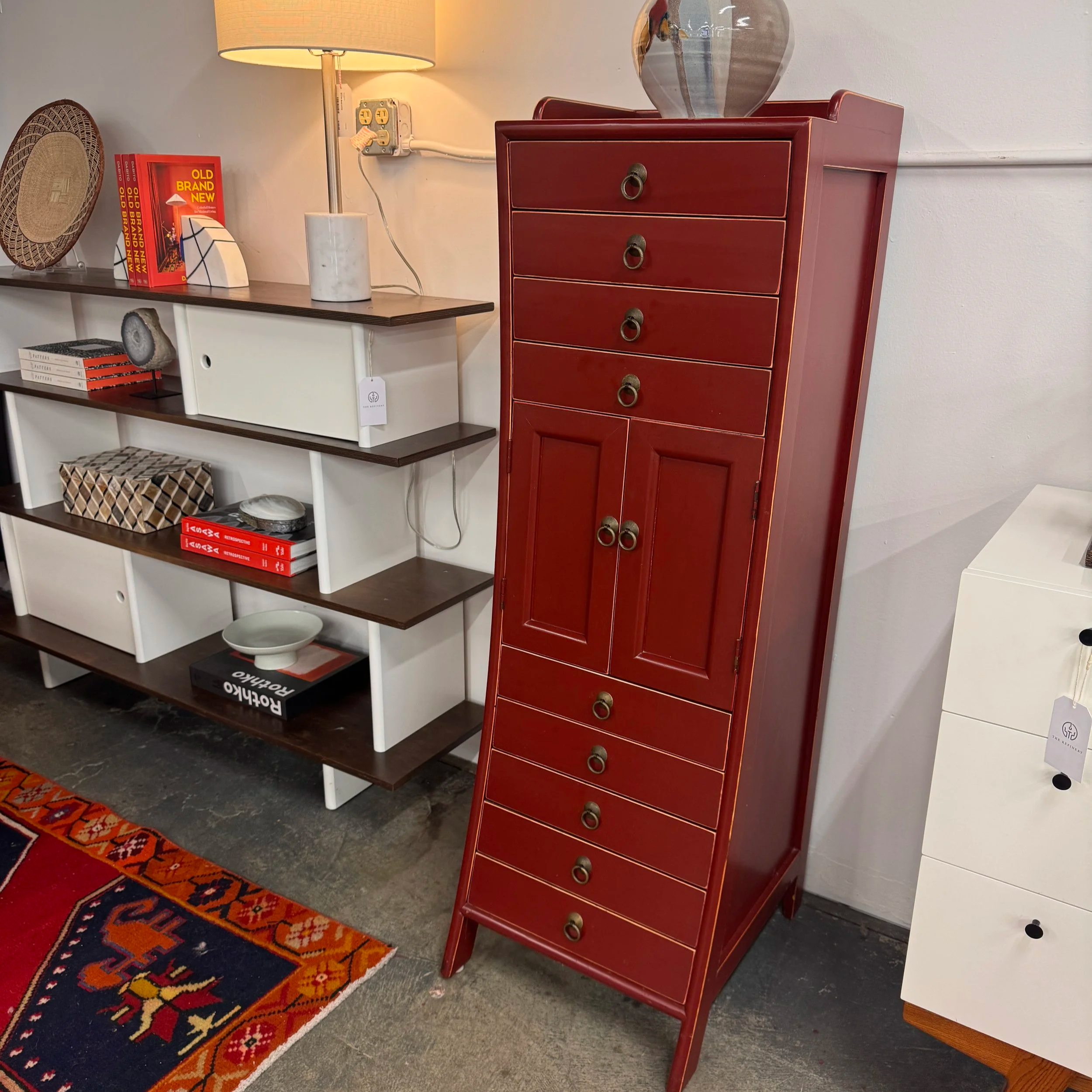 Asian Red Lacquer Dresser (17.5W x 19.5D x 55H)