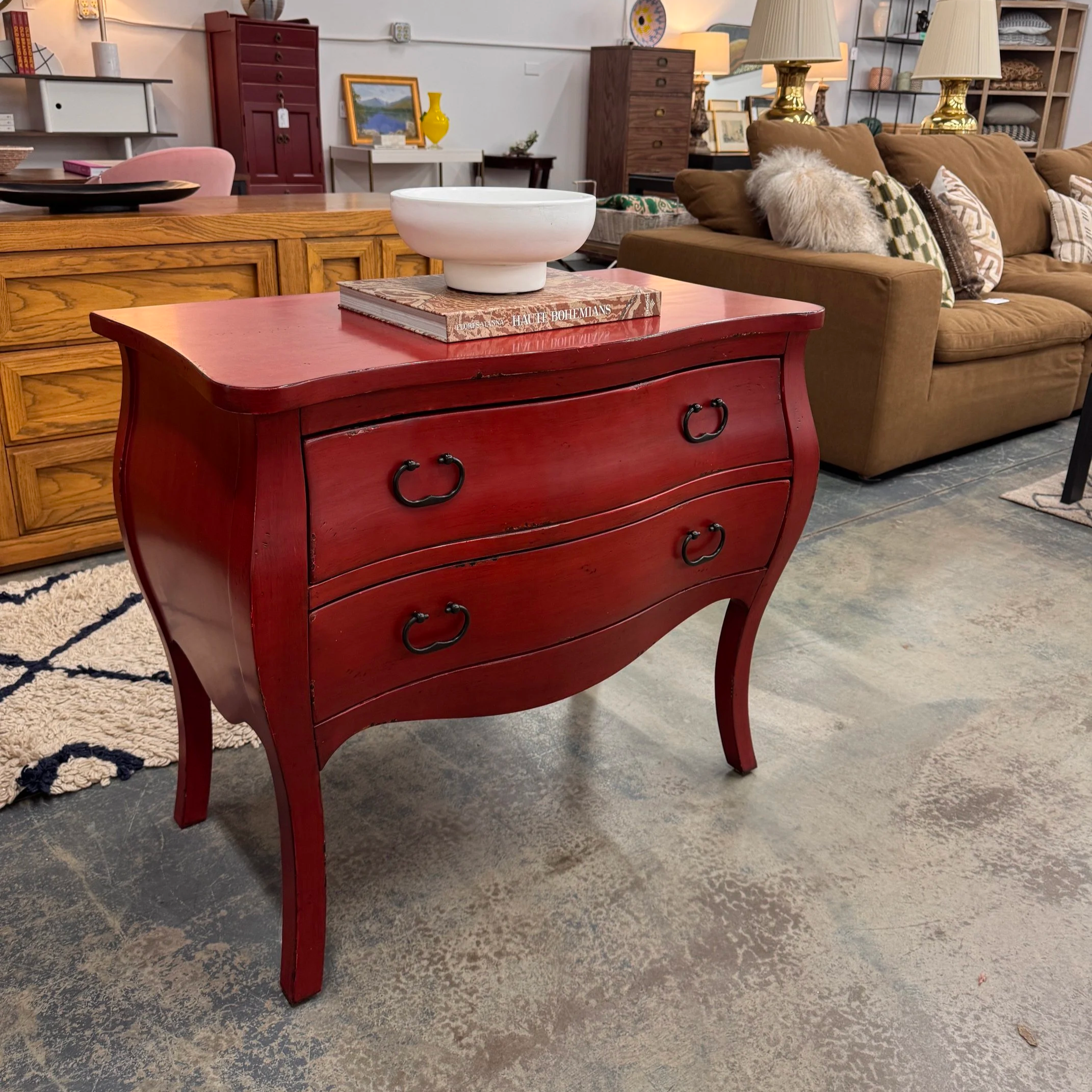 SOLD - PB Daniella Red Bombe Chest (34w x 18d x 30h)