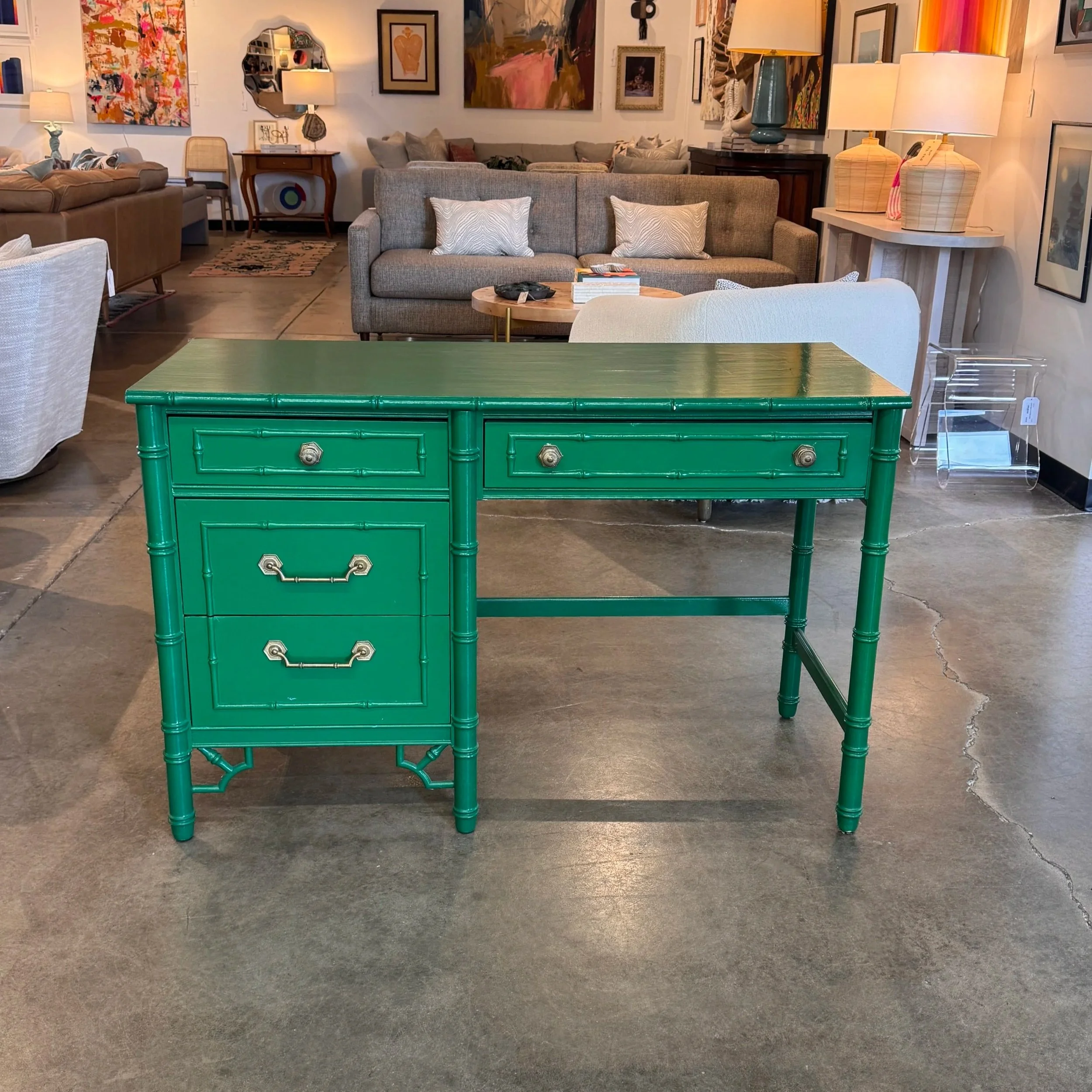 SOLD - Vintage Thomasville Faux Bamboo Desk (46W x 19D x 30H)