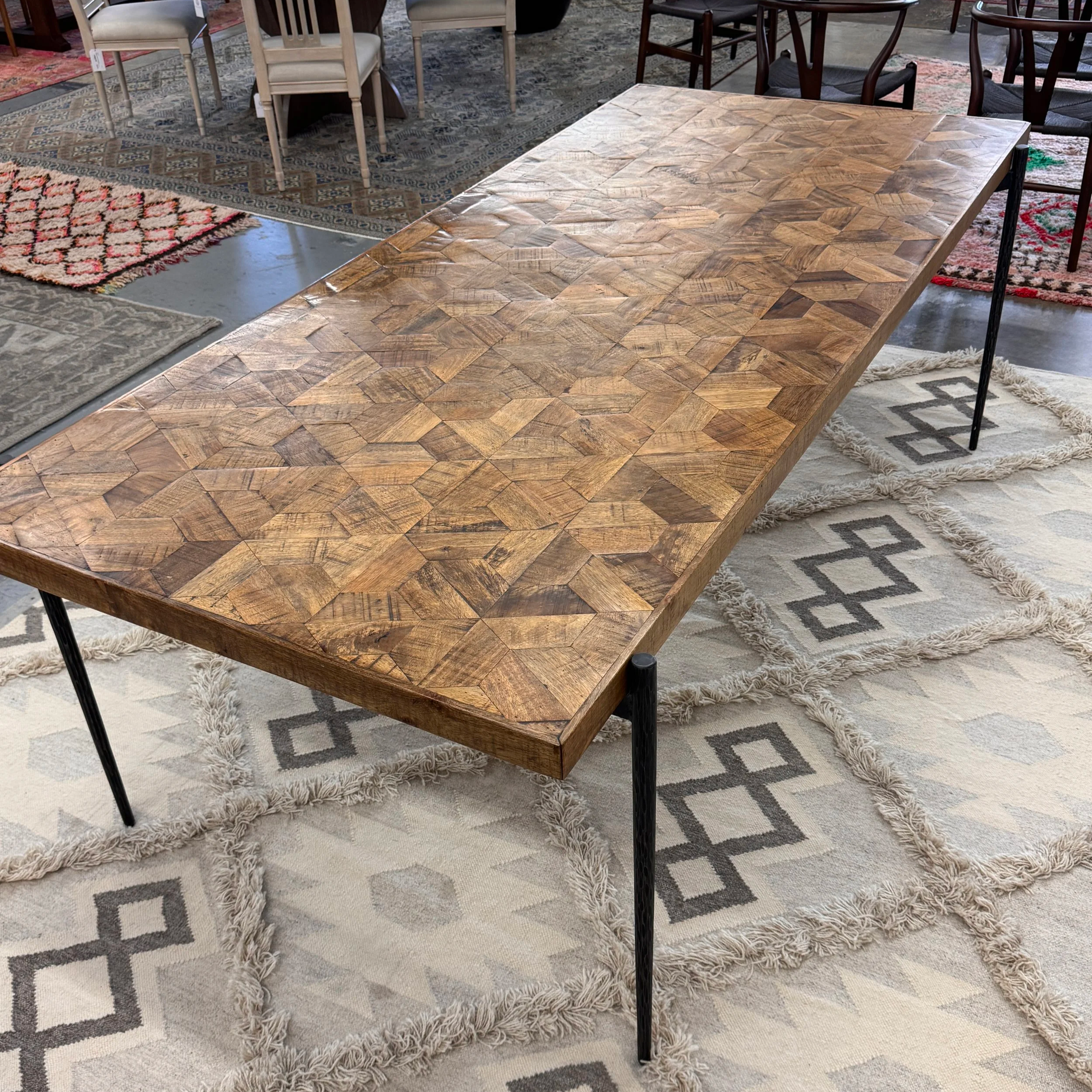 Parquet DIning Table w/ Hammered Iron Base (88W x 39D x 30H)