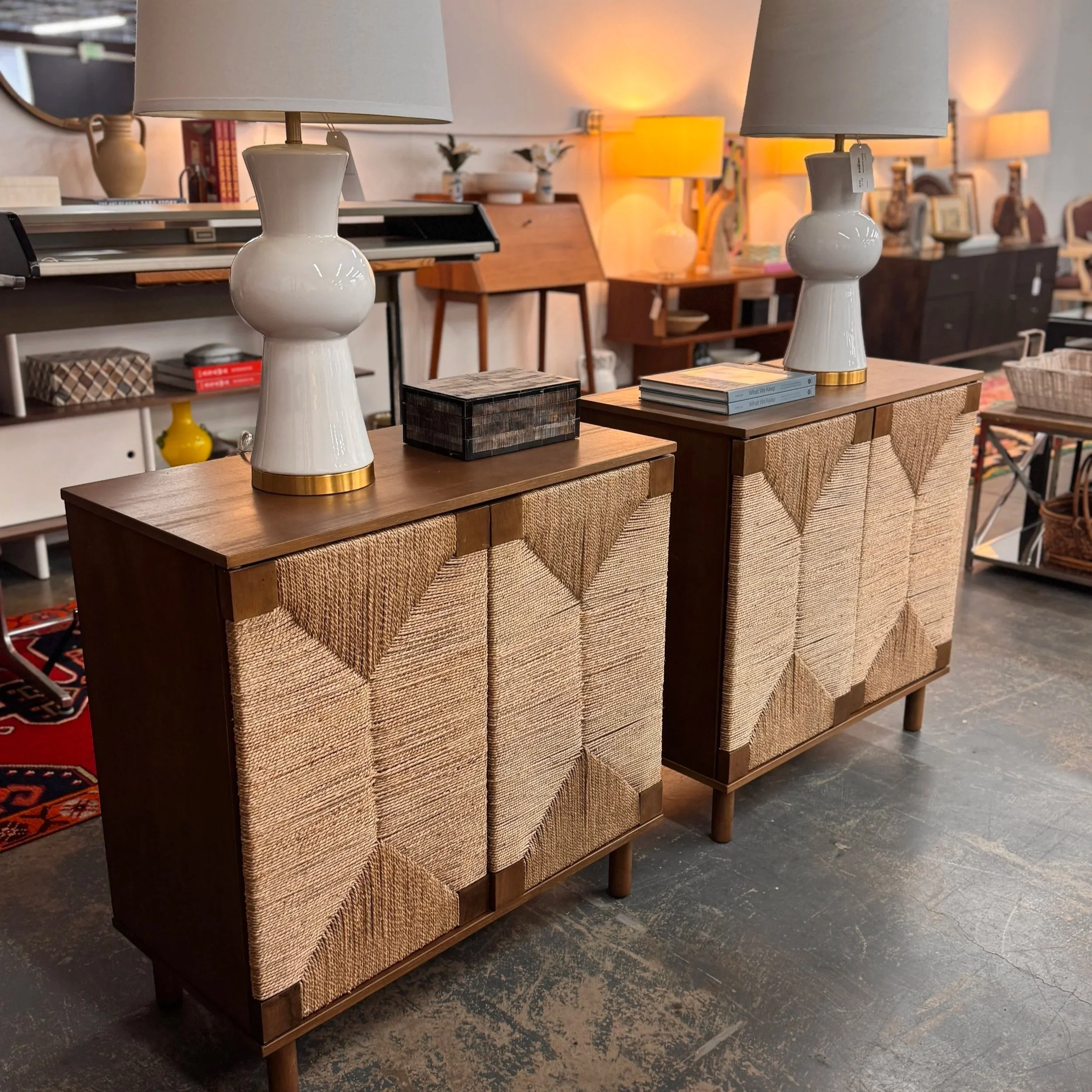 SOLD - Nathan James Seagrass & Wood Storage Cabinet (x2) - 31.5W x 15.5D x 31.4H
