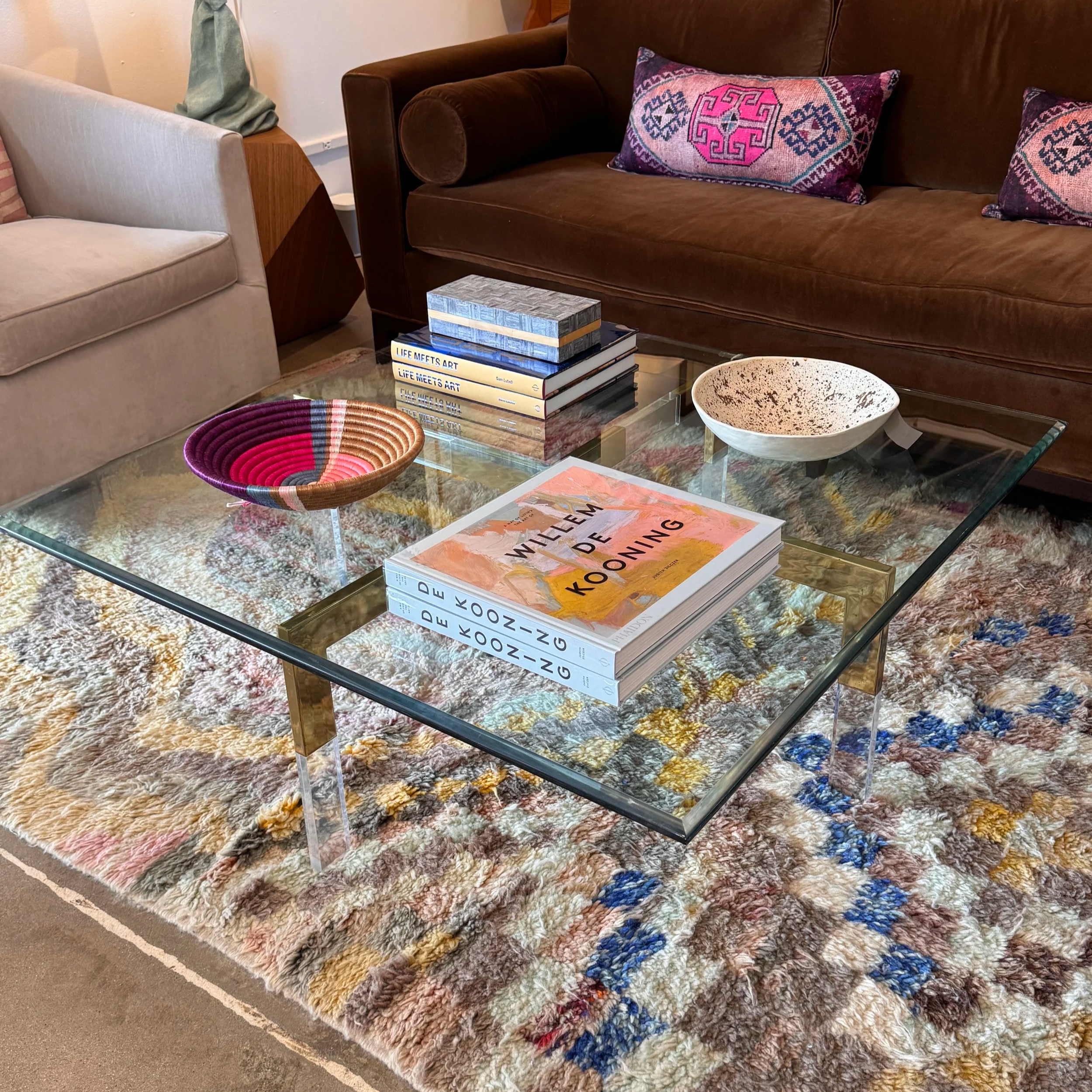 Vintage 1970's Brass & Lucite Glass Top Coffee Table (42 x 42 x 15h)