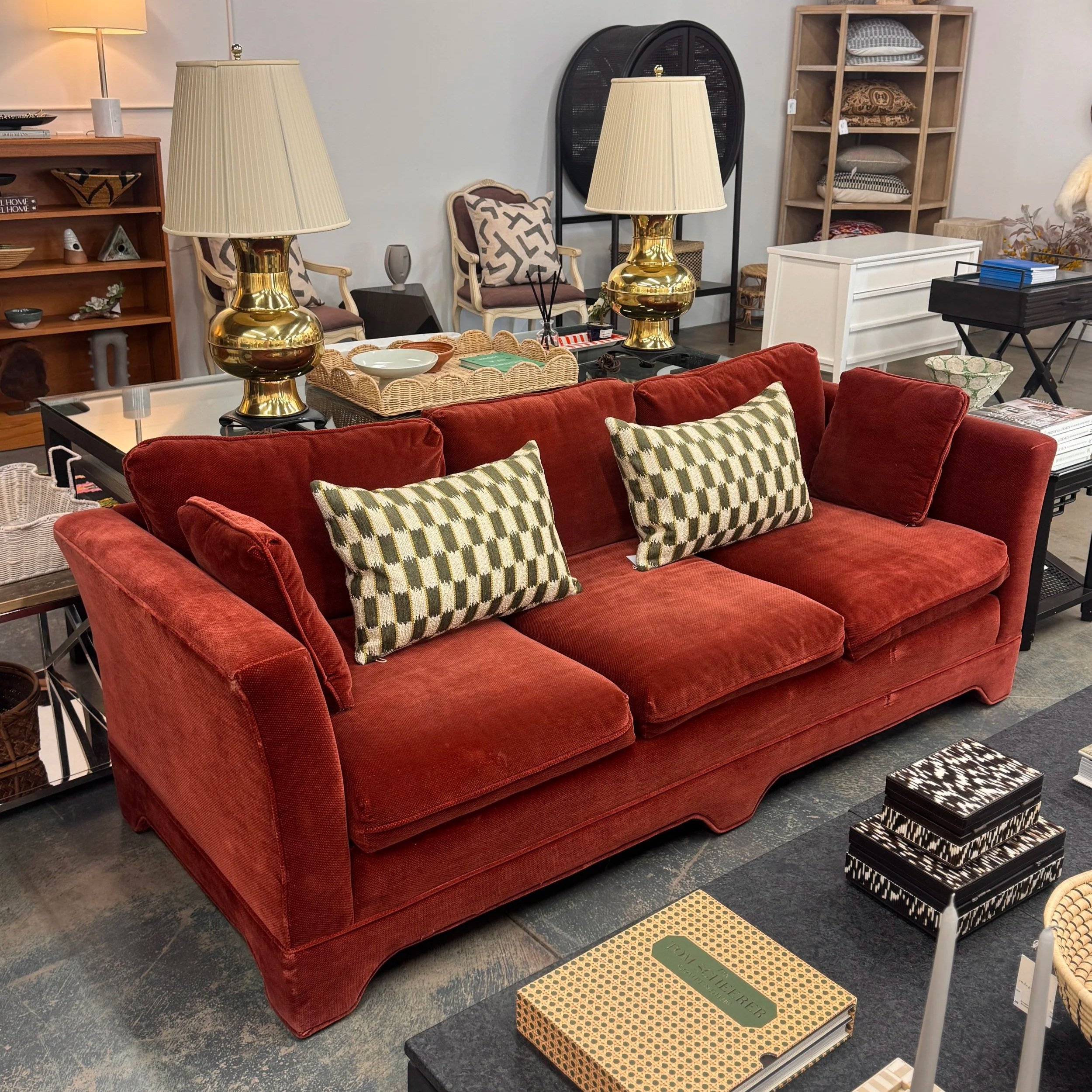 Vintage Rust Velvet Sofa (84W x 34D x 28H)
