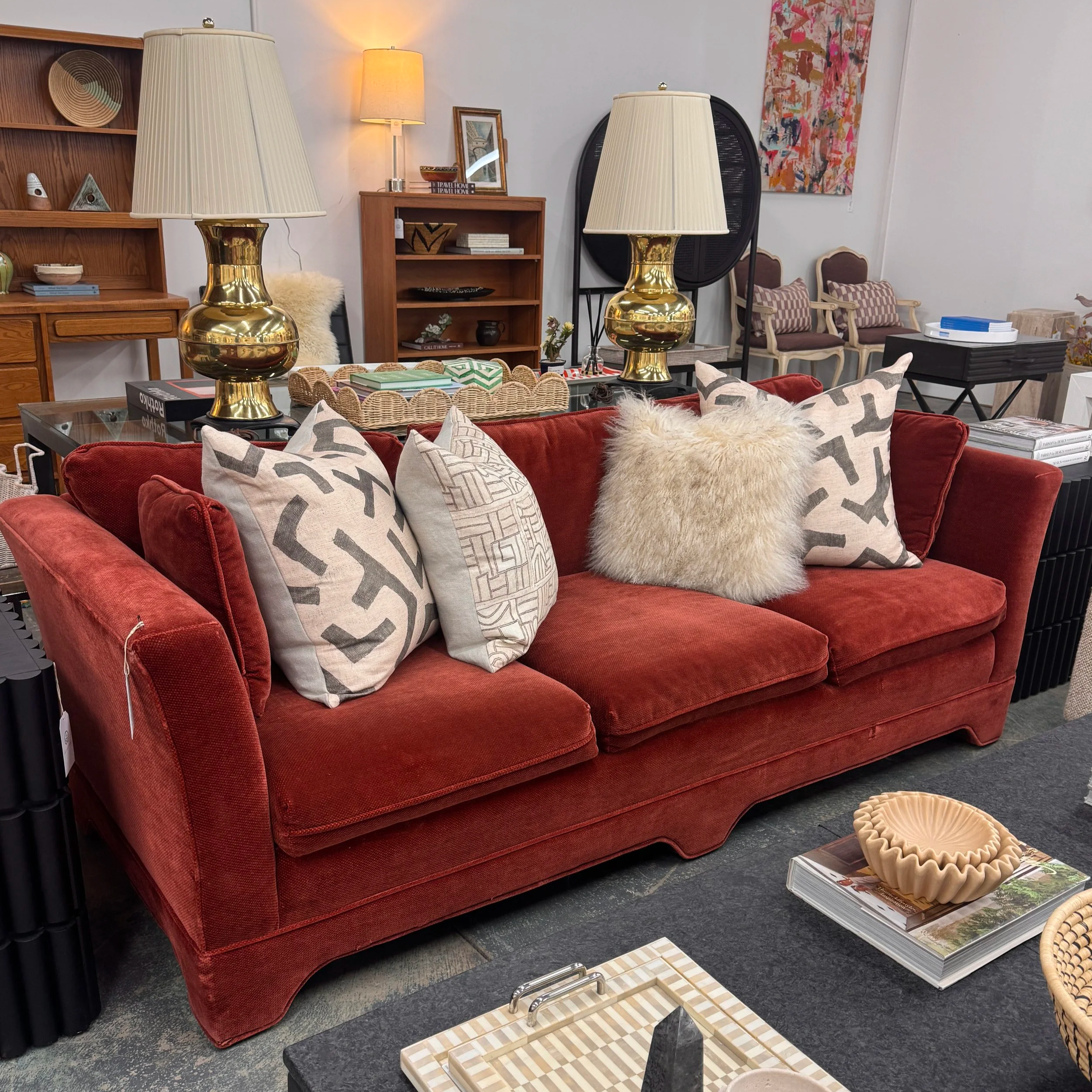 Vintage Rust Velvet Sofa (84W x 34D x 28H)