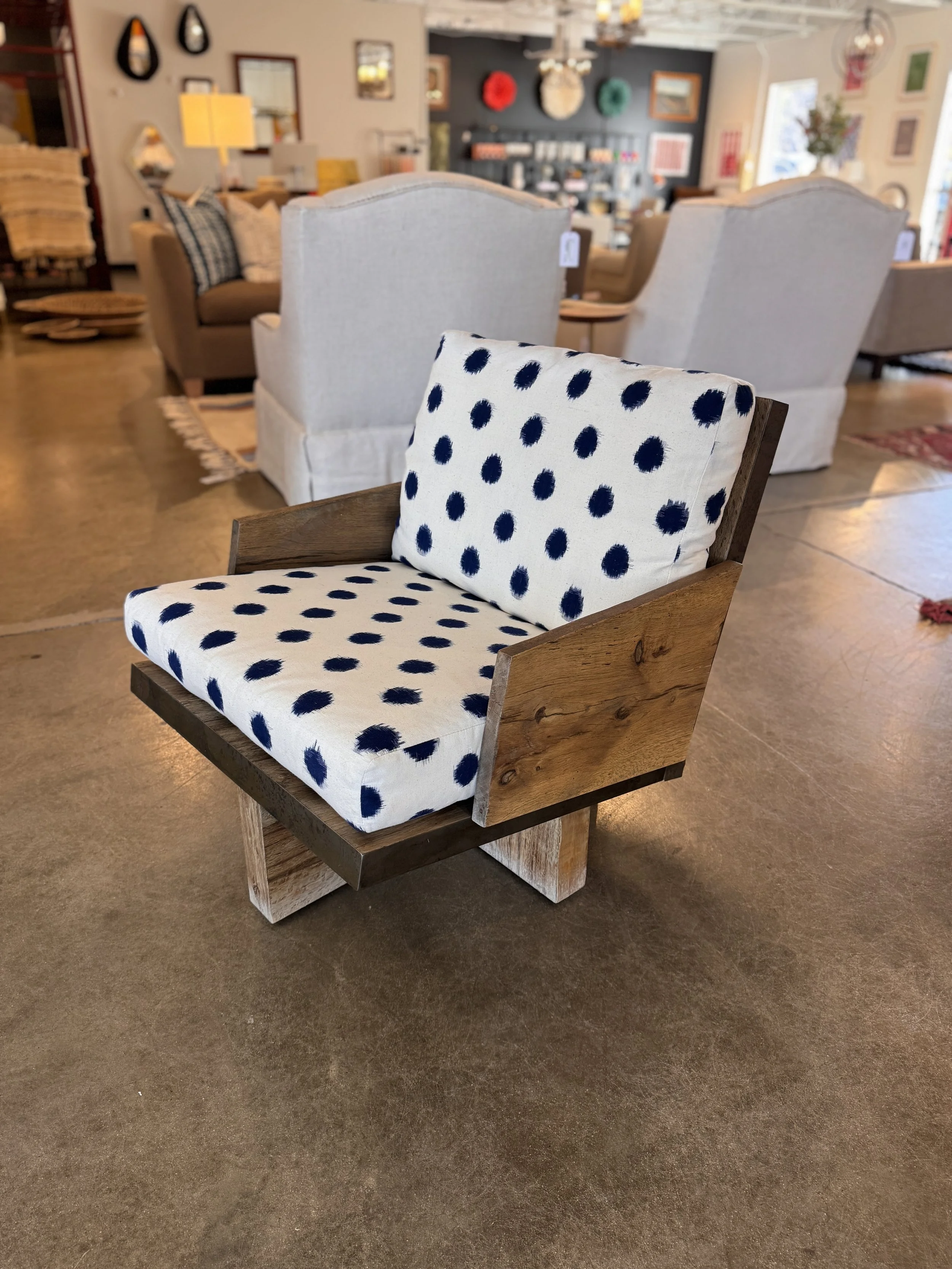 Cubist Wooden Armchair w/ Ikat dot print
