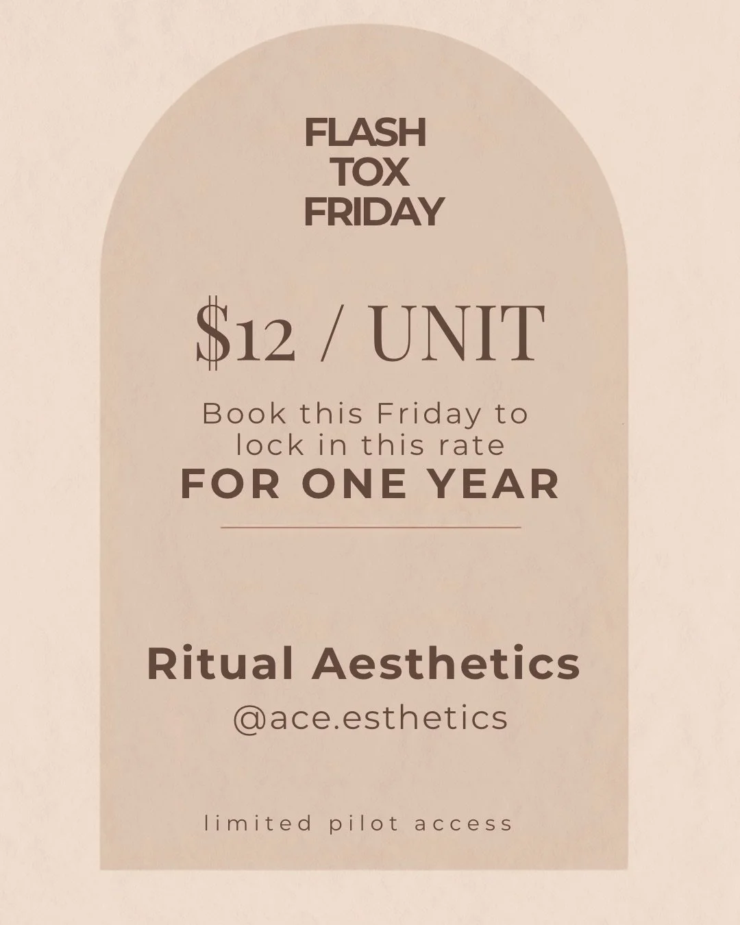 FLASH TOX THIS FRIDAY 3/20 🔥

💉 $12/unit
✨ Lock in this rate for ONE YEAR

👩&zwj;⚕️ Alex + Julia available
🕘 9:00&ndash;2:30

DM @ritual.aesthetics.sc
to receive your private booking link

Limited pilot access.