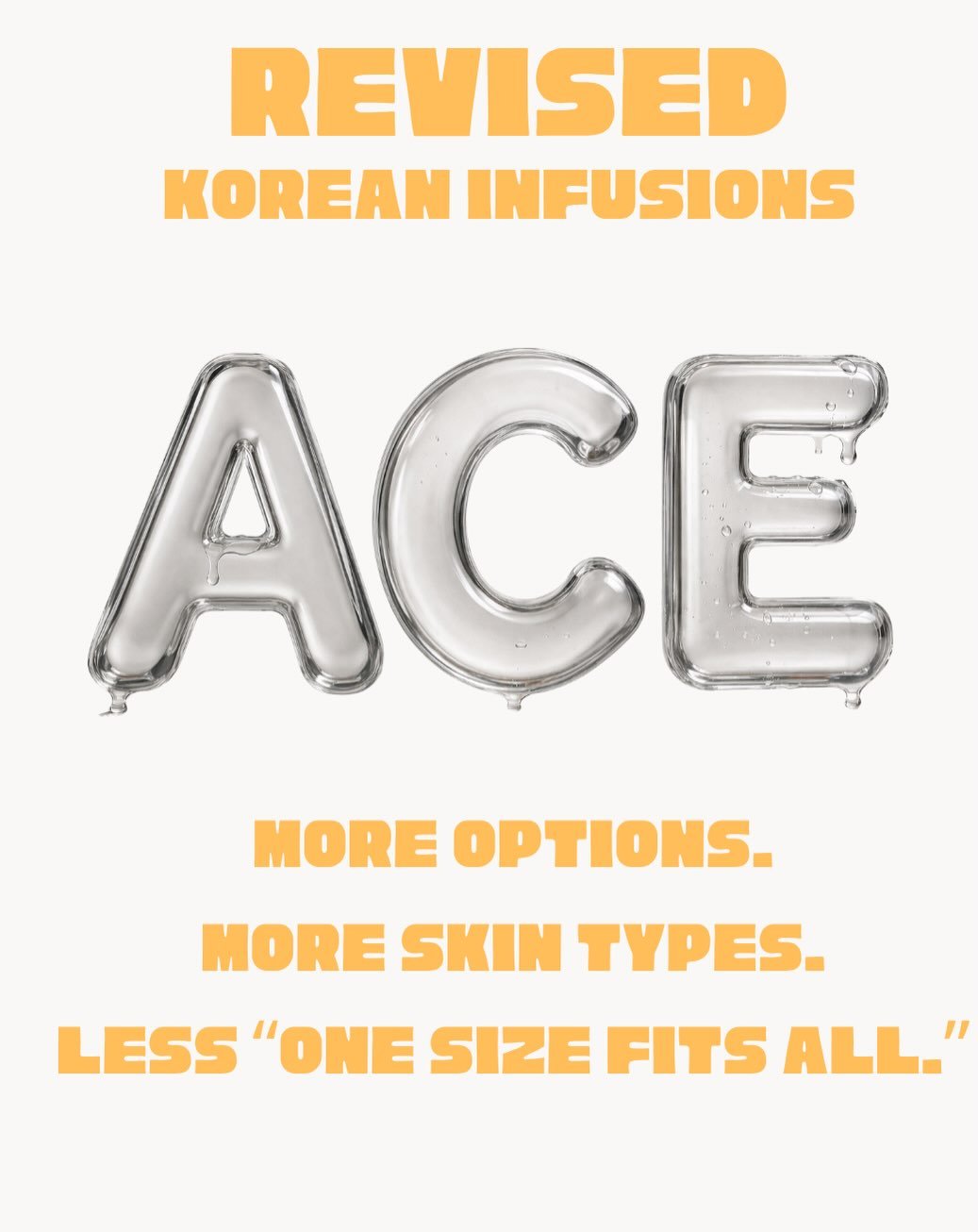 We rebuilt our Korean Infusion menu

We resourced our spicules, added more treatment options, and kept the good stuff: imported Korean medical-grade boosters we were very lucky to get our hands on.

Basically: better customization, better pricing, st