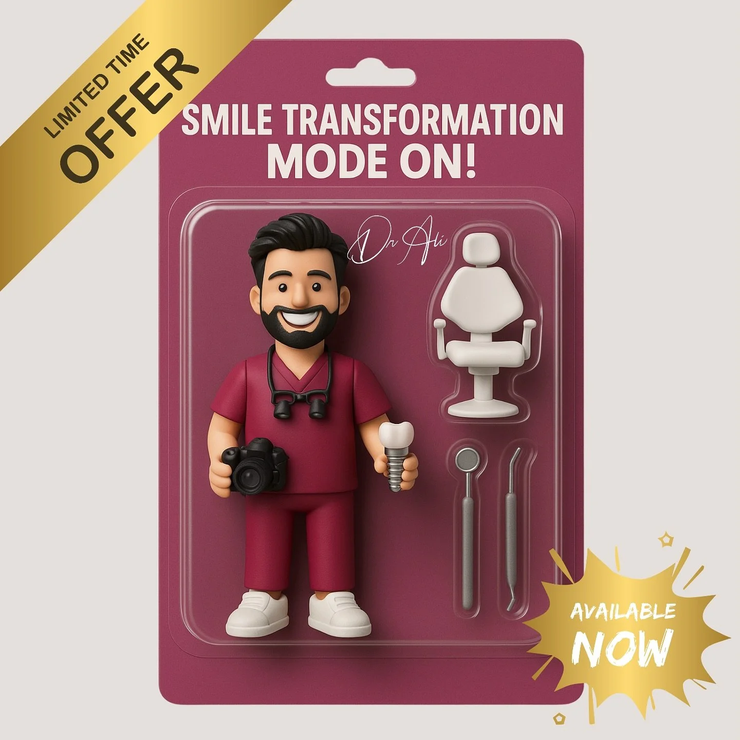 Dr. Ali&rsquo;s collectible figure is finally in 🧔🏻&mdash; back by popular demand! 
Featuring implant precision, composite finesse, and Invisalign swagger. 

⚠️Warning: May cause sudden smile envy. 
Ages 15+ | Limited Edition.

#gottacatchthemallpo