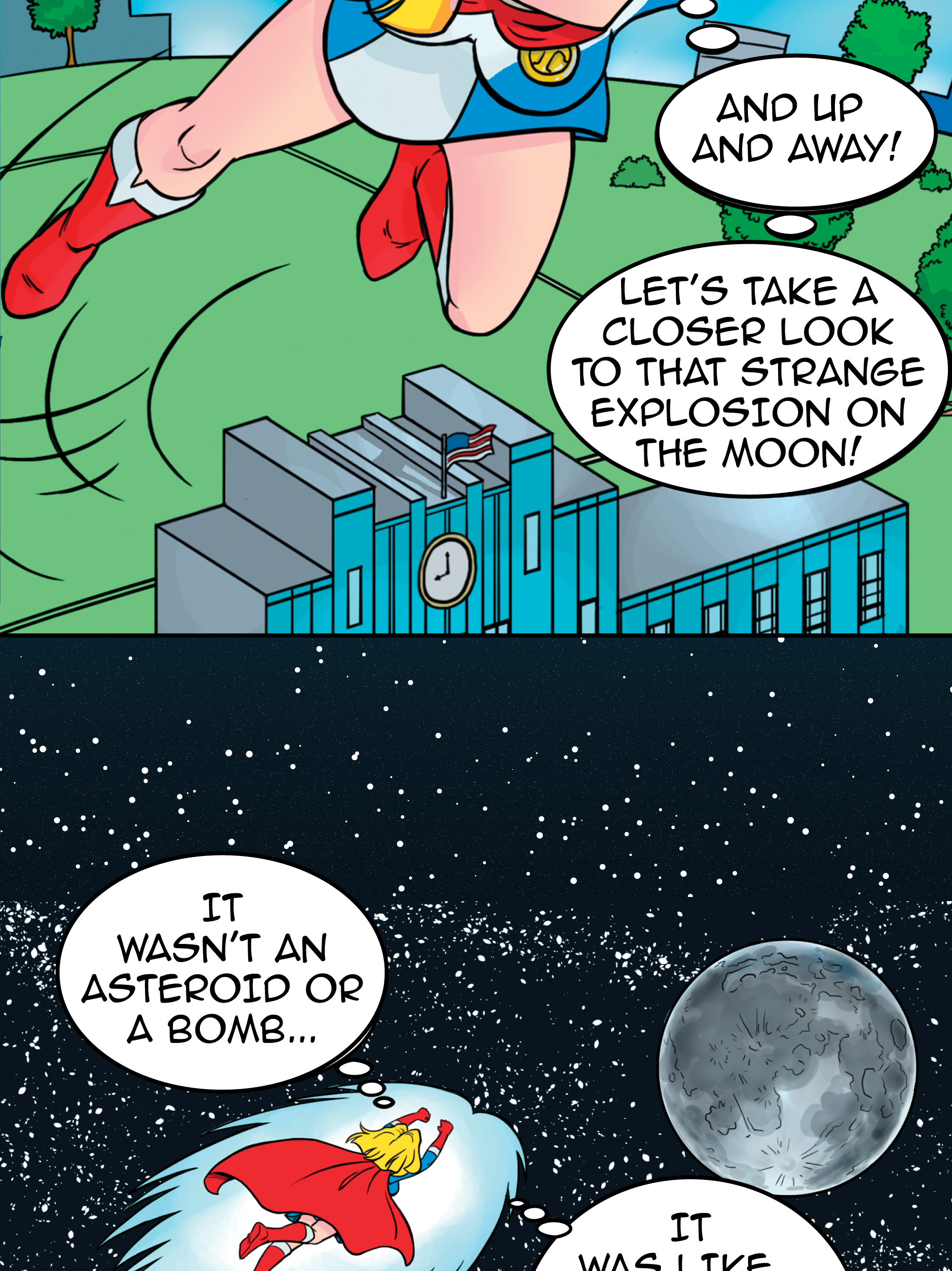 Comic panel with a superhero flying and pointing at the moon, discussing a strange explosion. The superhero observes that the explosion wasn't an asteroid or a bomb, but something like the moon itself.