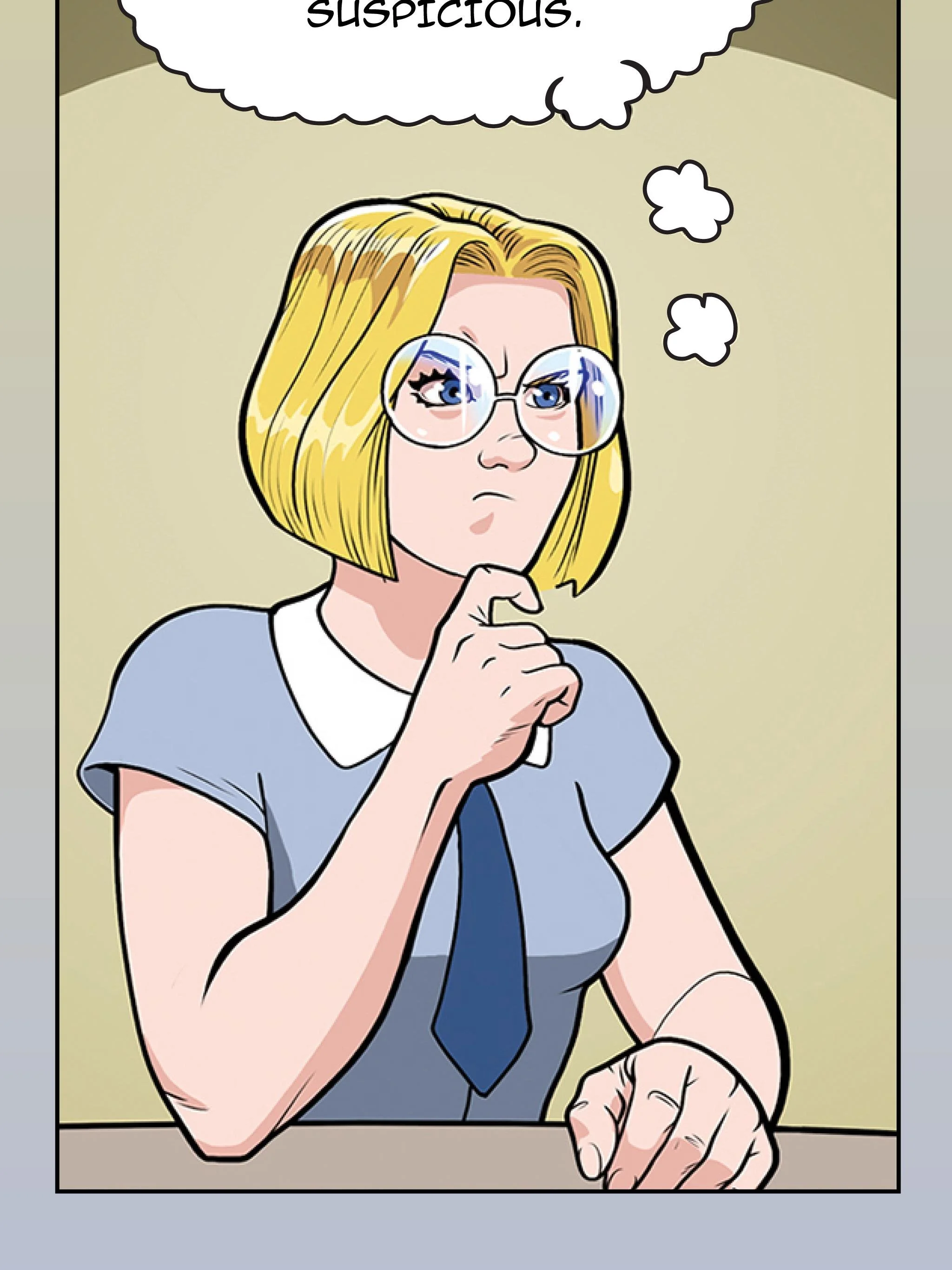 A young woman with blonde hair and glasses, wearing a blue school uniform, appears deep in thought with a furrowed brow, resting her chin on her hand, and a thought bubble above her head with the words 'suspicious' in it.
