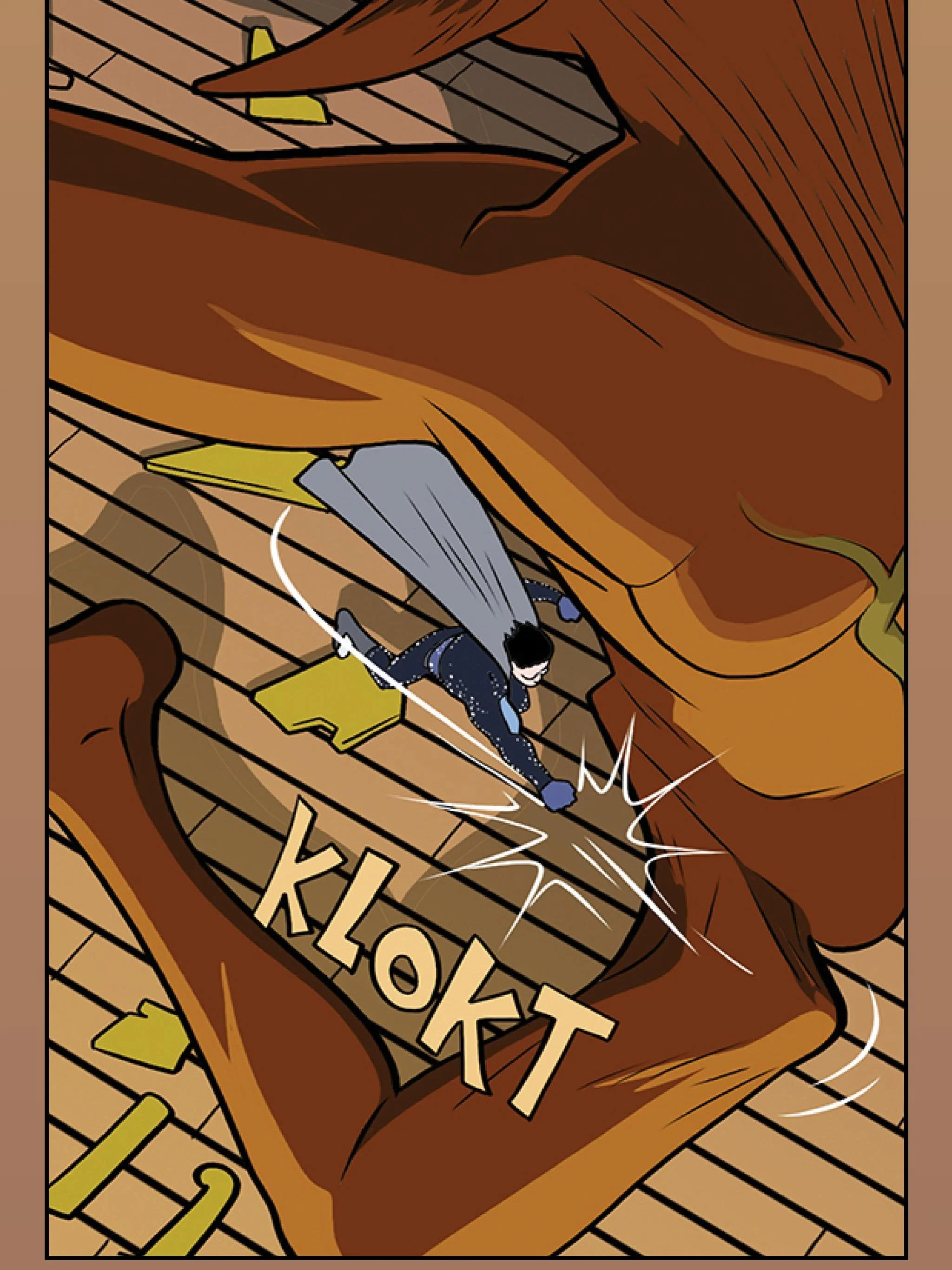 A cartoon image of a person dressed as a superhero climbing a large wooden chessboard, hitting a king piece with the sound effect 'KLOKT' depicted in comic style.