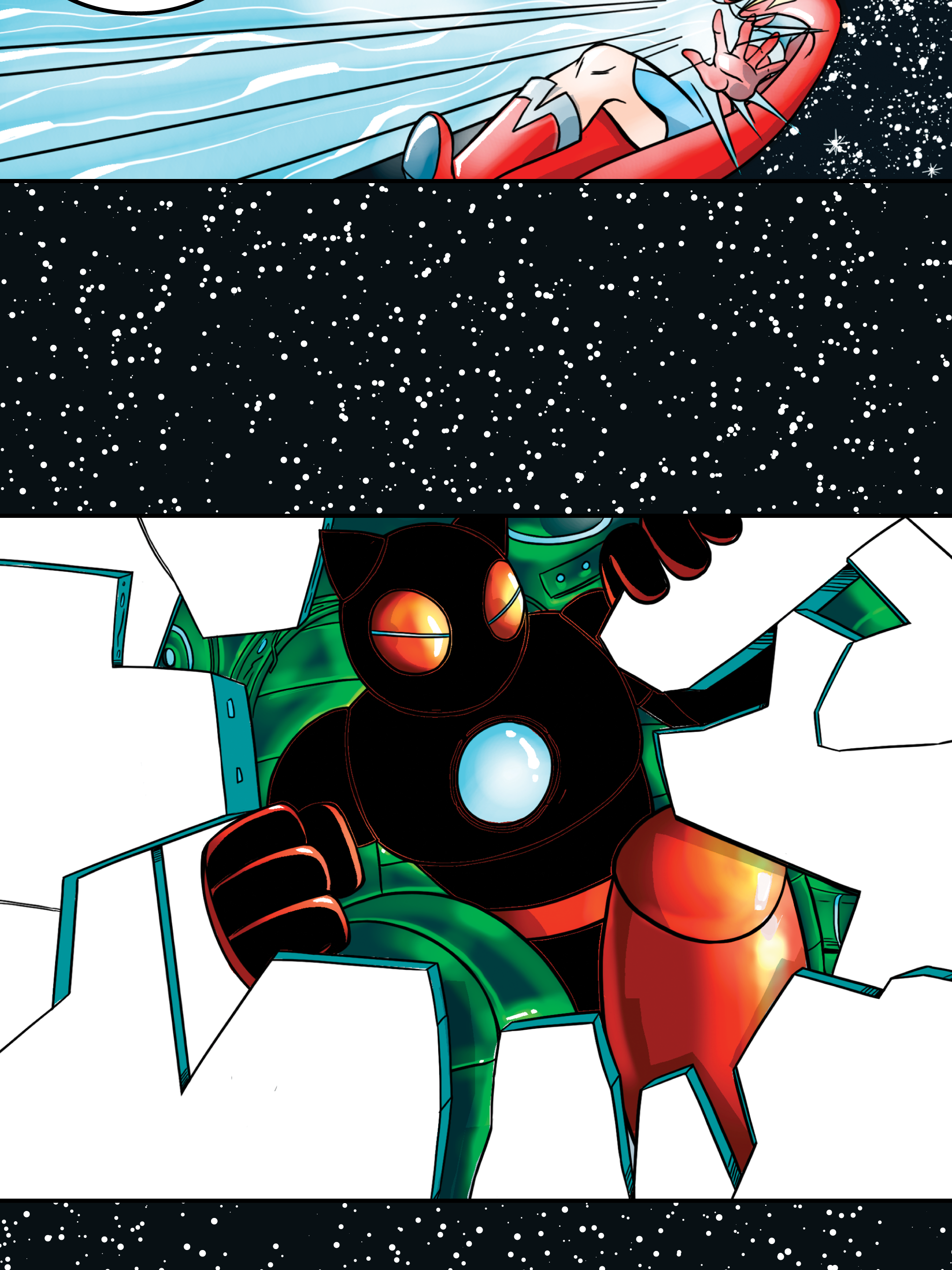A comic book style image with three panels depicting a superhero, a starry space scene, and a robotic insect with glowing eyes breaking through a wall.