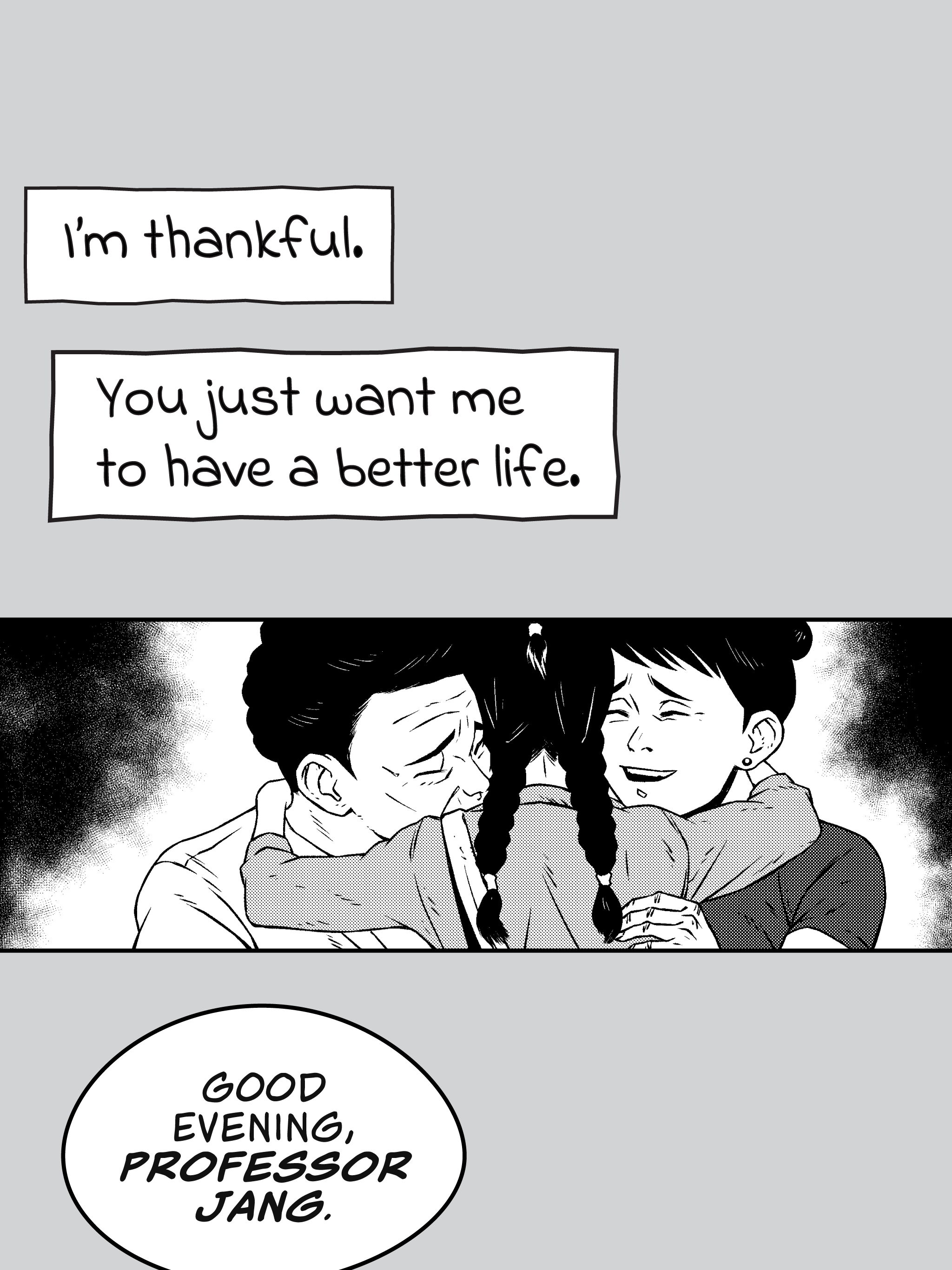 A comic panel showing a heartfelt embrace between two women, with another woman off-screen greeting Professor Jang in a speech bubble.