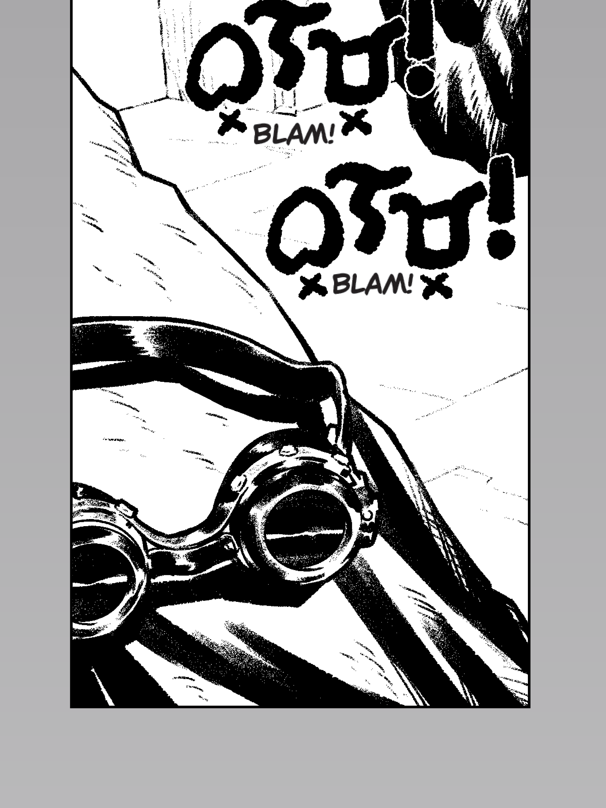 Black and white comic-style illustration of a motorcycle handlebar and a notification sign in the background with the words 'Quiet! BLAM!' repeated twice.