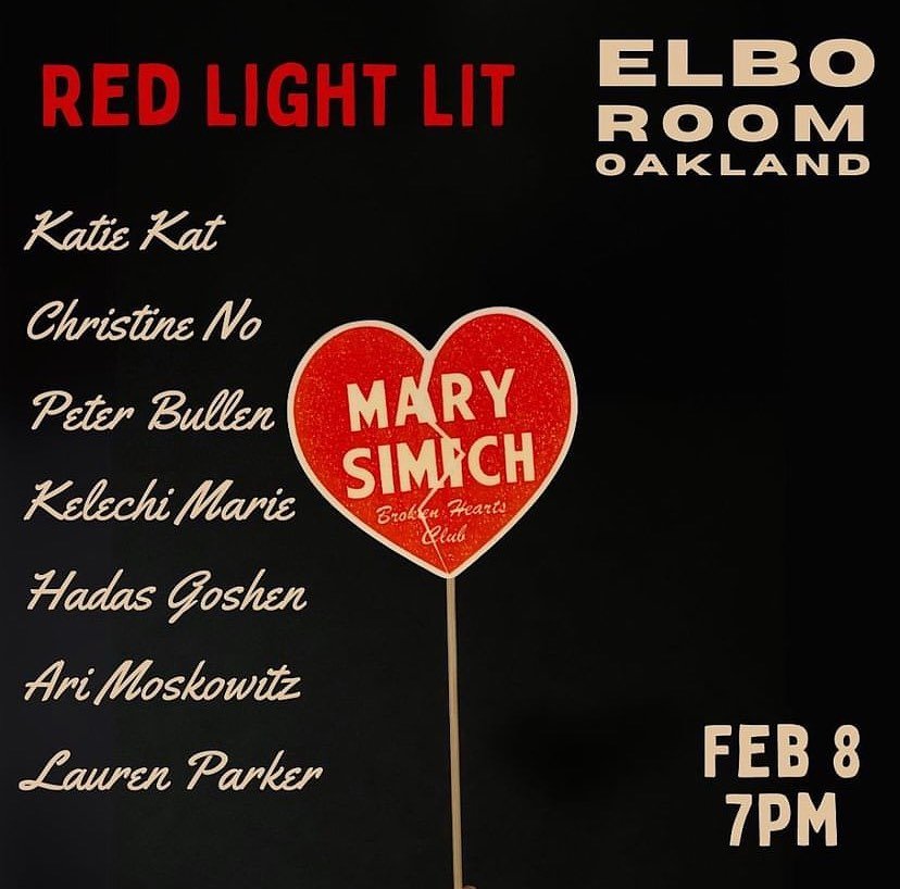 A week from today @elboroomjacklondon ❤️

Join Red Light Lit with musician @marysimich🎸Featuring readers: Peter Bullen, Hadas Goshen, Kelechi Marie, Laruen Parker, and Ari Moskowitz, alongside improvisational synth beats by @___katie_._kat___ 🎹🎤
T