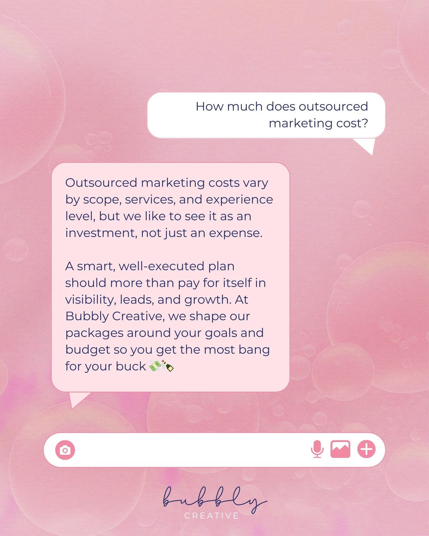 Marketing isn&rsquo;t just a line item; it&rsquo;s your growth engine. At Bubbly Creative, we make sure every dollar works harder so you get the most bang for your buck. 
🍾 
Ready to see what outsourcing could do for you? Let&rsquo;s talk. 

#social