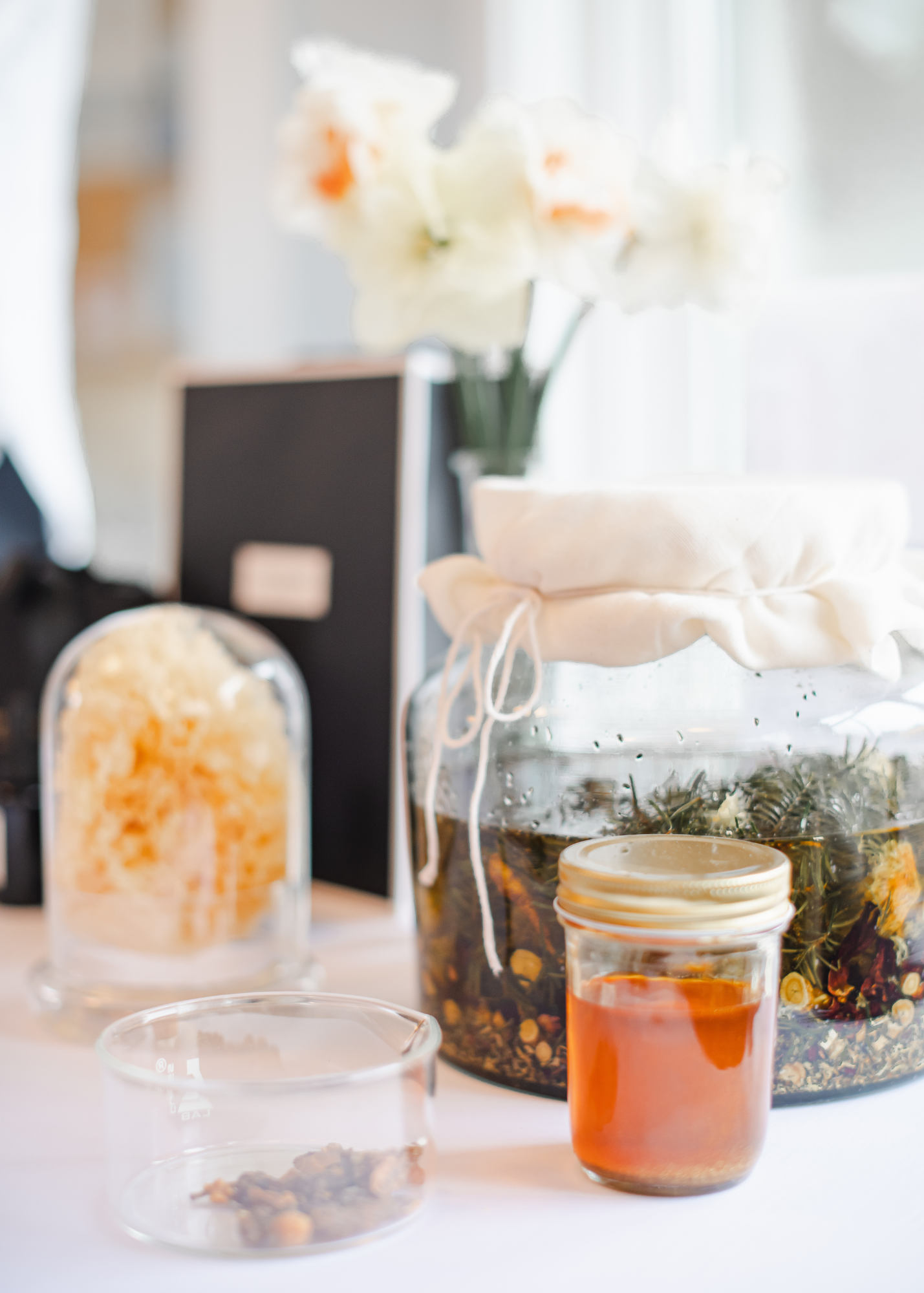 A table with a glass jar of herbal tea, a small glass container with dried herbs, a jar of dried or preserved flowers, a black menu, and a vase with white flowers, set in a bright room.