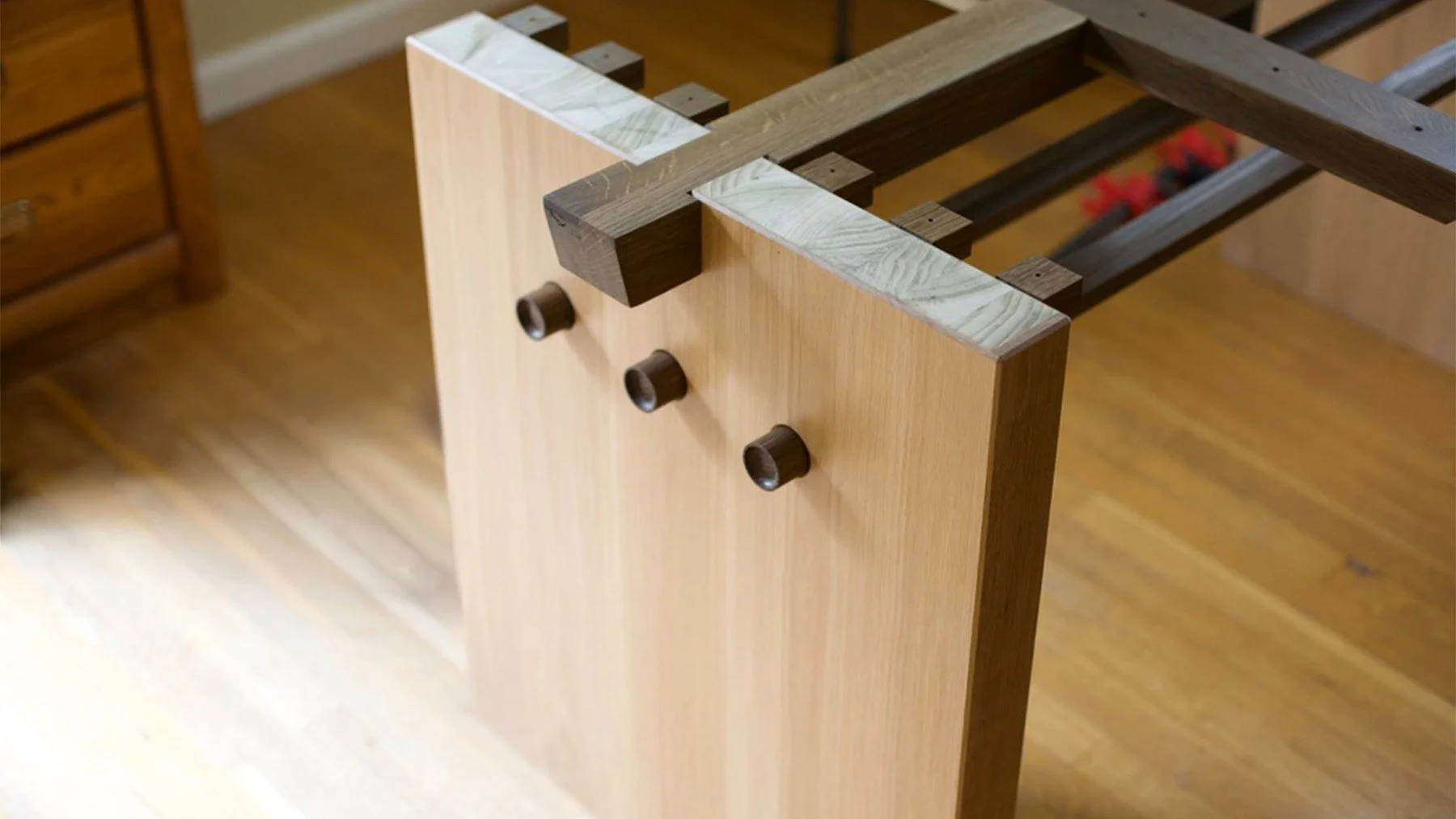 A look under the hood - the reason to make these legs from lumber core is it allows me to make them very thick without having to track down 12/4 + white oak. This decreases the weight of the table, increases the dimensional stability of the legs, and