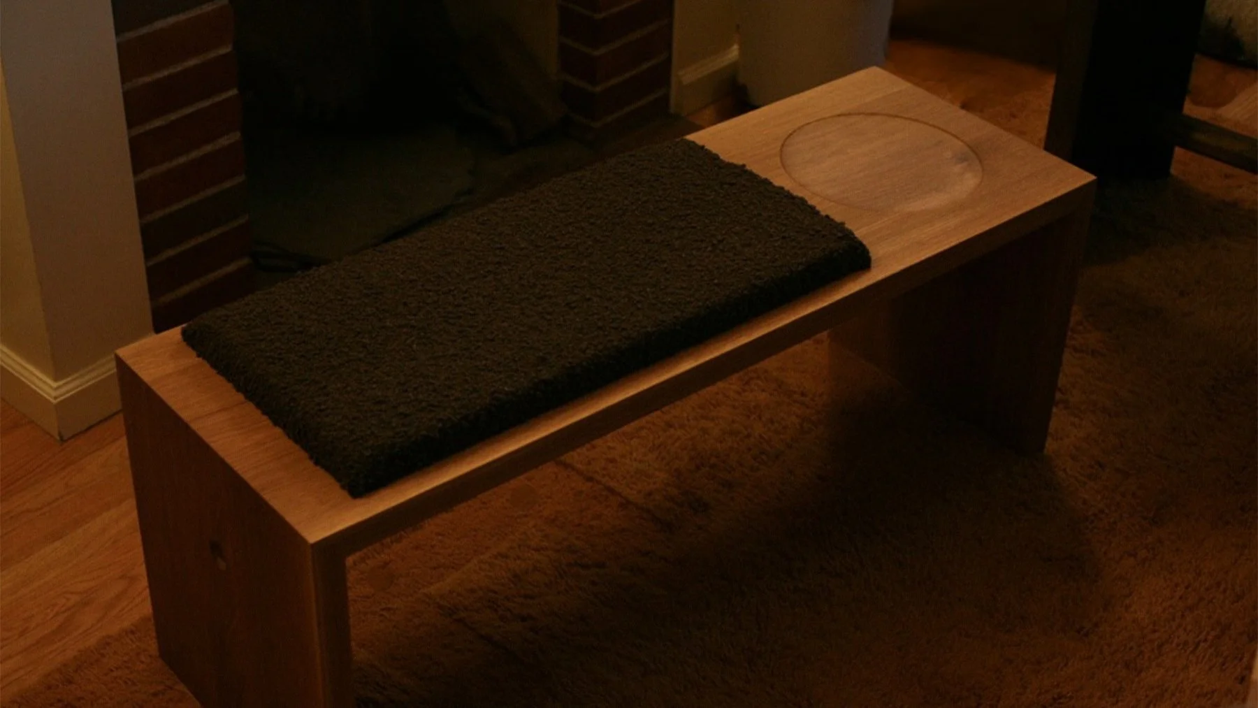 This is a bench I will be adding to a small line of furniture I am working on. I'm calling it the three craters bench - I have reservations about naming furniture, but I am giving in bc it easier to sell things with names.

It is an entry bench with 