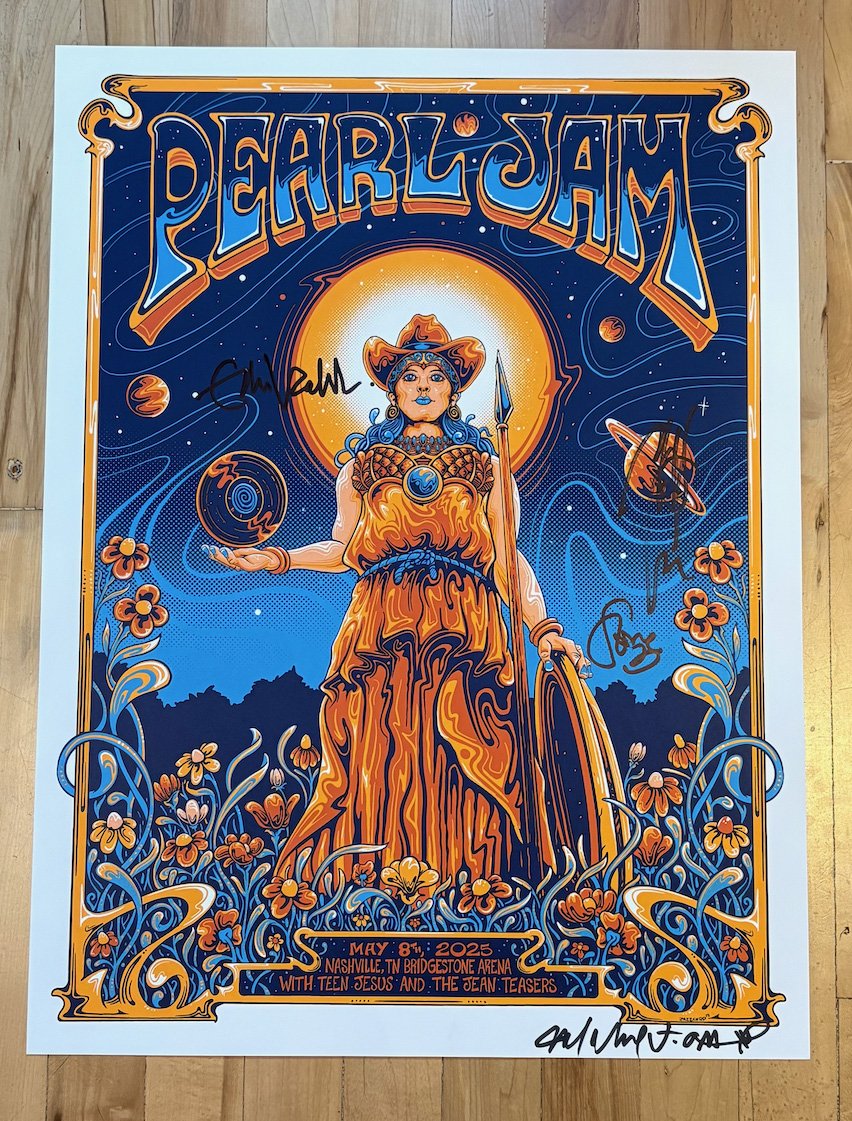 Pearl Jam send us this epic 2025 Nashville Show Poster signed by all of the members that sold at auction! Thank You Pearl Jam for all your support!