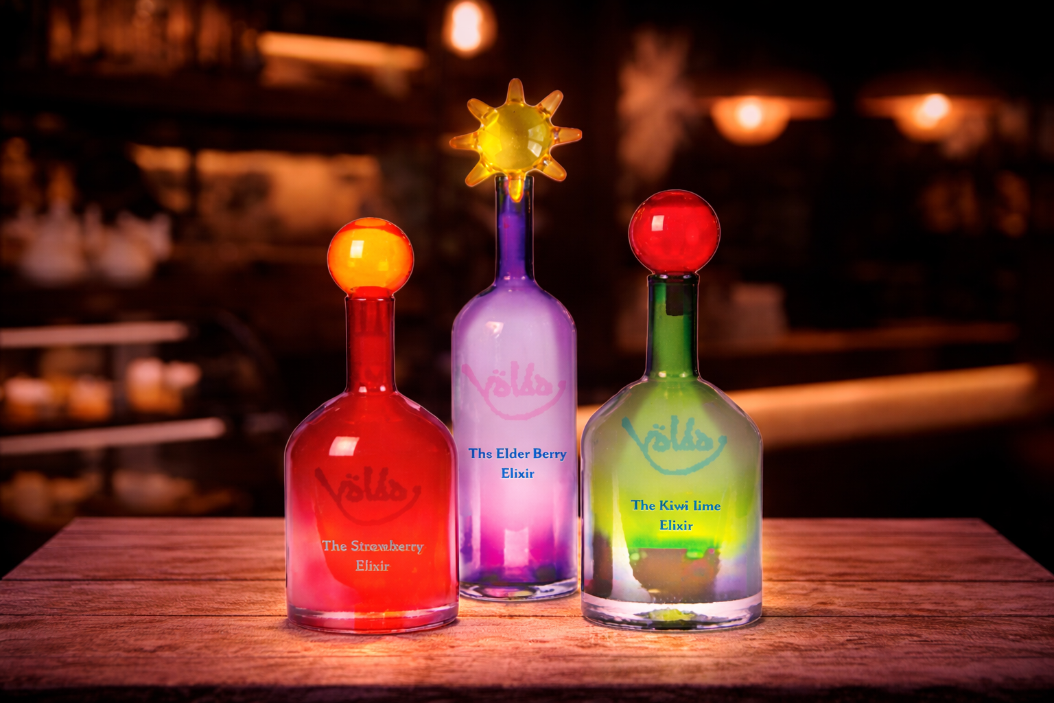 Glowing elixirs on a wooden counter.png