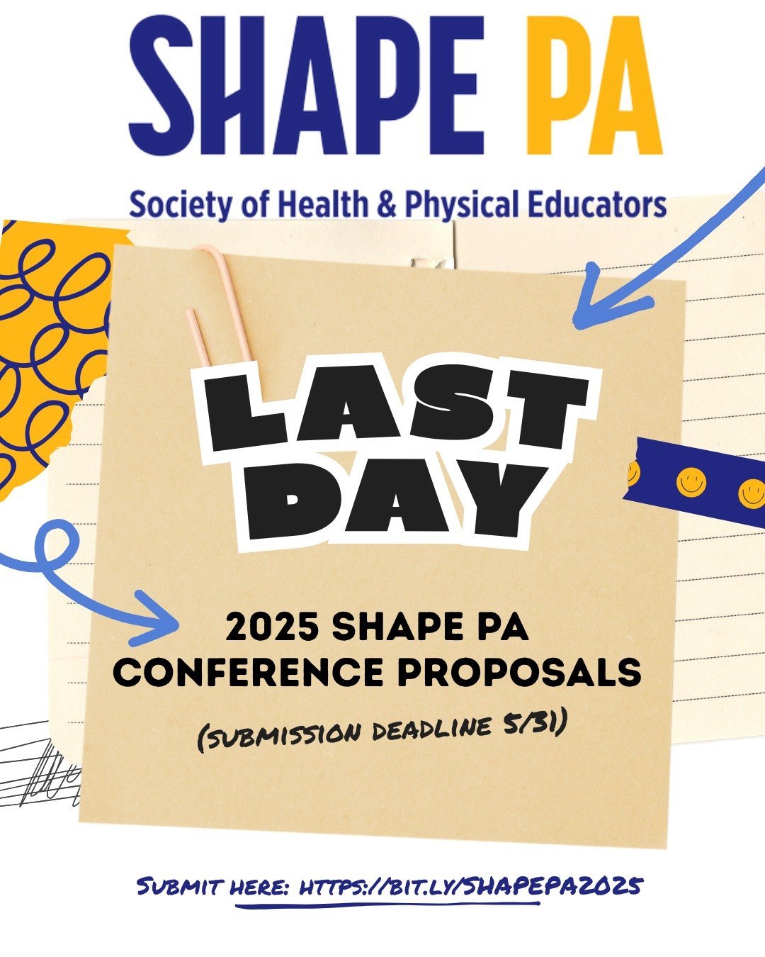 🚨 FINAL CALL &ndash; DEADLINE IS TODAY! 🚨
Are you passionate about Health &amp; PE? Got a powerful idea, strategy, or story to share?
TODAY is your LAST CHANCE to submit your presenter proposal for the SHAPE PA Conference! 🏃&zwj;♂️📚💡

Don&rsquo;