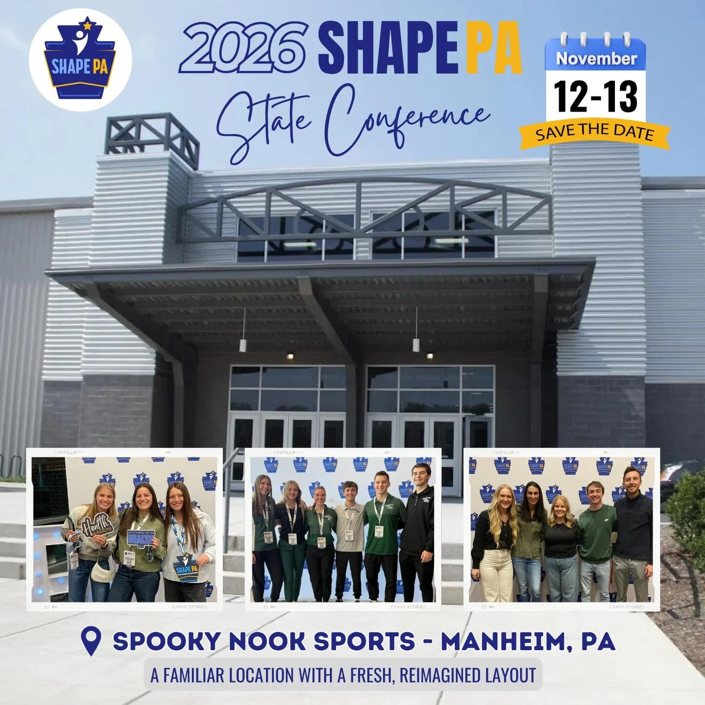 📆 Save the Date! 📆

2026 SHAPE PA State Conference
🗓️ November 12&ndash;13, 2026
📍 Spooky Nook Sports &ndash; Manheim, PA

We&rsquo;re returning to a familiar location, but this time with a fresh, reimagined layout designed to elevate your confer