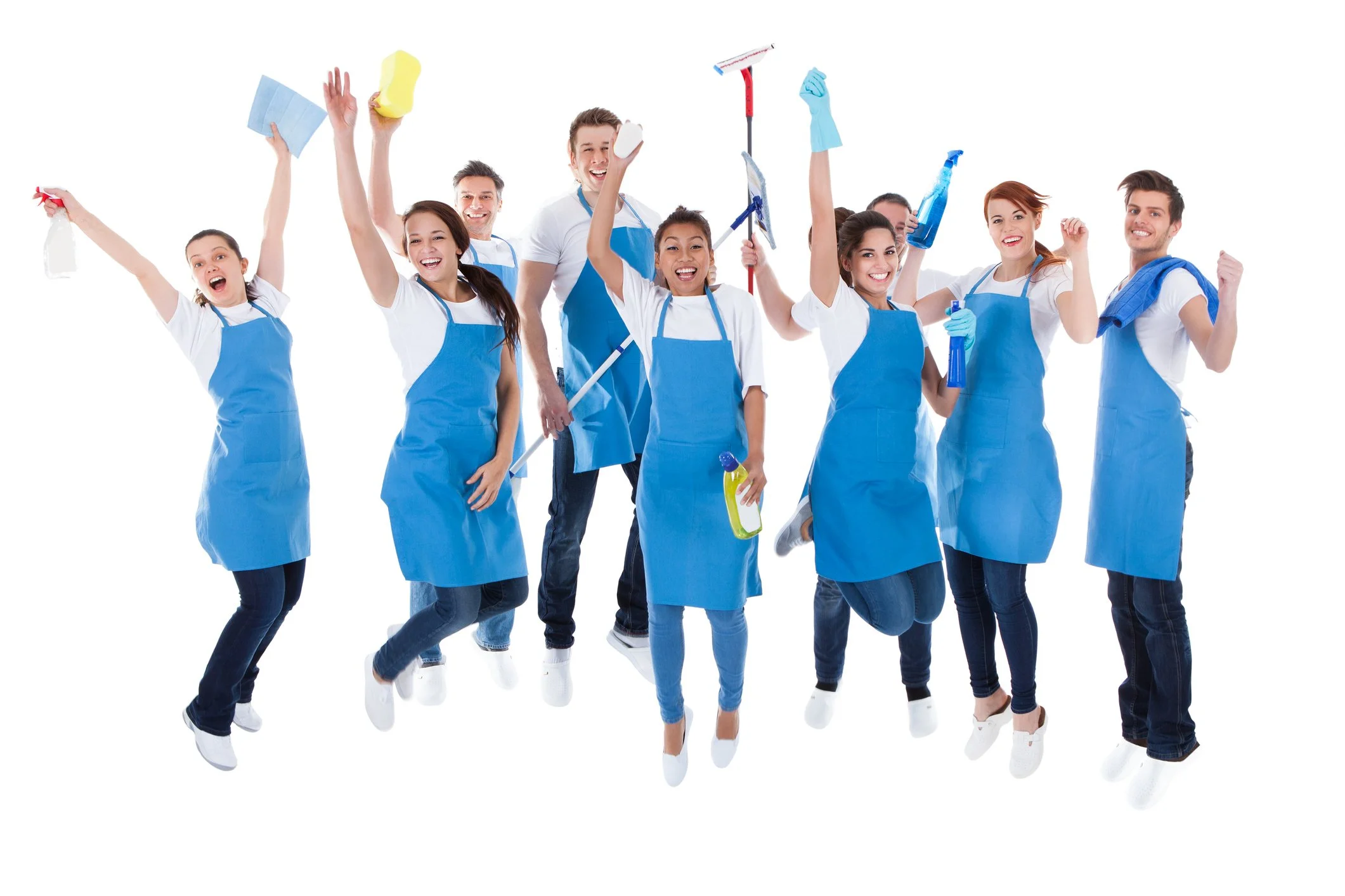 Group of diverse smiling people wearing blue aprons and holding cleaning supplies, celebrating.