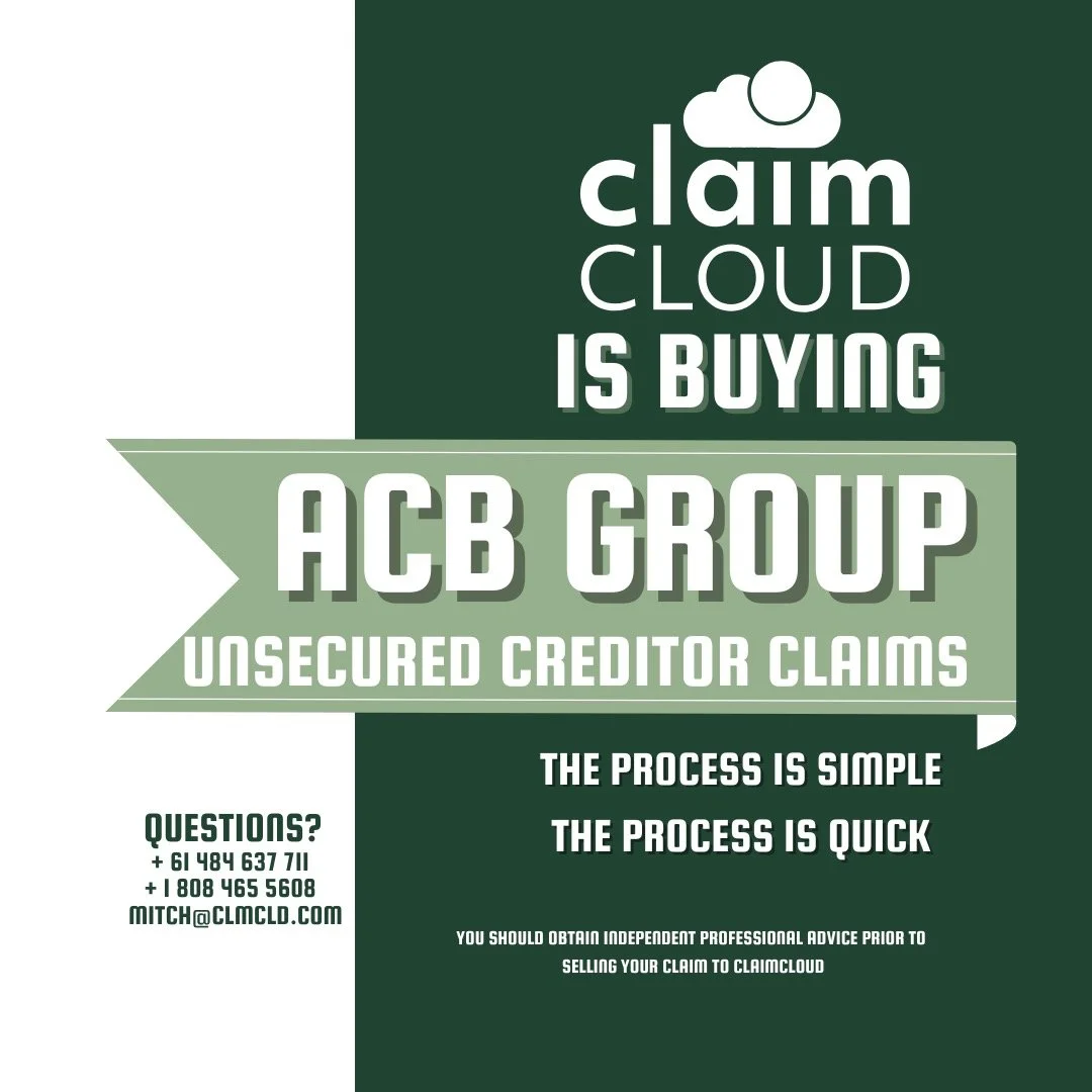 ClaimCloud is buying ACB Group Pty Ltd unsecured creditor claims.
Are you owed money by ACB Group (formerly trading as POWERPLUS FUELS Fuels)?
Sell your claim and get paid now

Contact us for a price today 
📞+ 61 484 637 711 
📞+ 1 808 465 5608 
💻 
