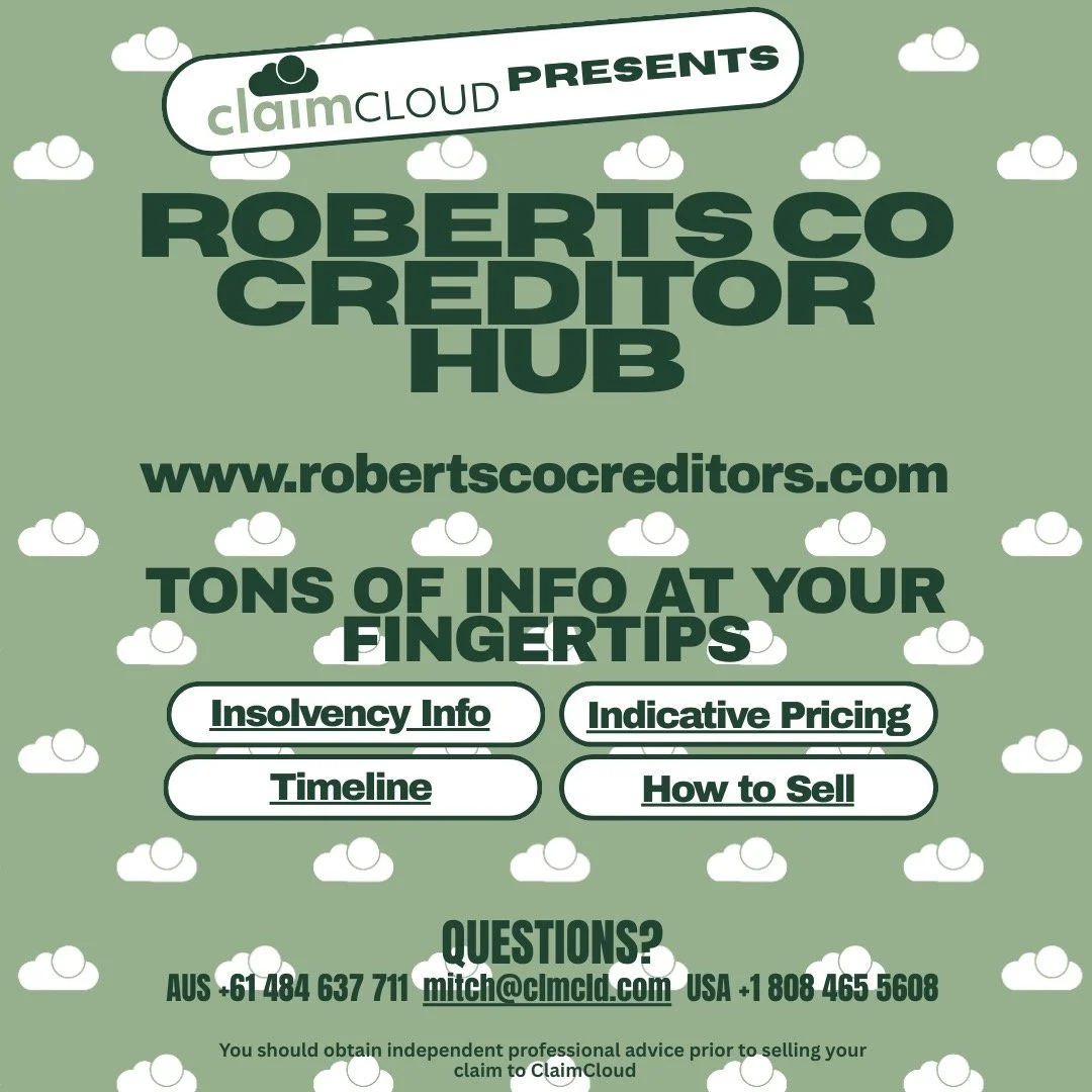 CLAIMCLOUD has built a dedicated information hub for Roberts Co creditors
Visit it today&hellip;
www.robertscocreditors.com

Want to know more?
AUS + 61 484 637 711 
USA + 1 808 465 5608 
mitch@clmcld.com

🧐 Any information provided by ClaimCloud is