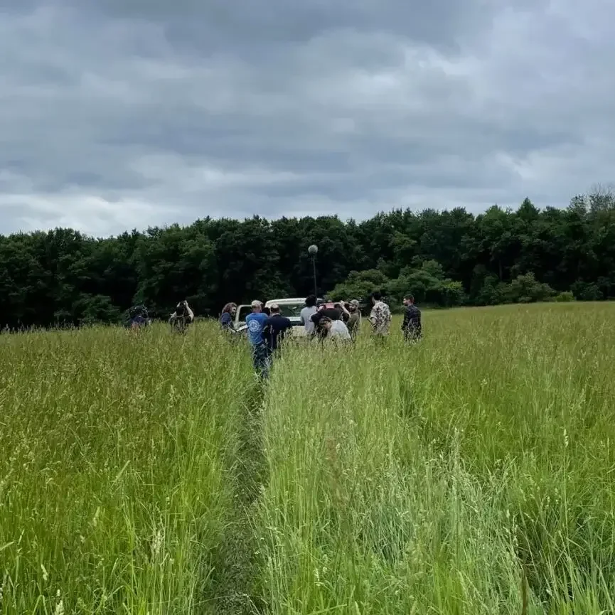 A group of people surveying in a field