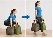 woman with osteoporosis, low bone density demonstrating proper mechanics to safely life and carry grocery bags. physical therapy, yoga vs osteoporosis