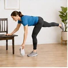 woman with osteoporosis, low bone density using a golfer's lift to pick up an object from the floor with safe spinal alignment