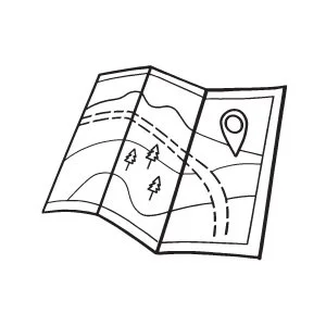 Illustration of a folded map with trees, roads, and a location marker.