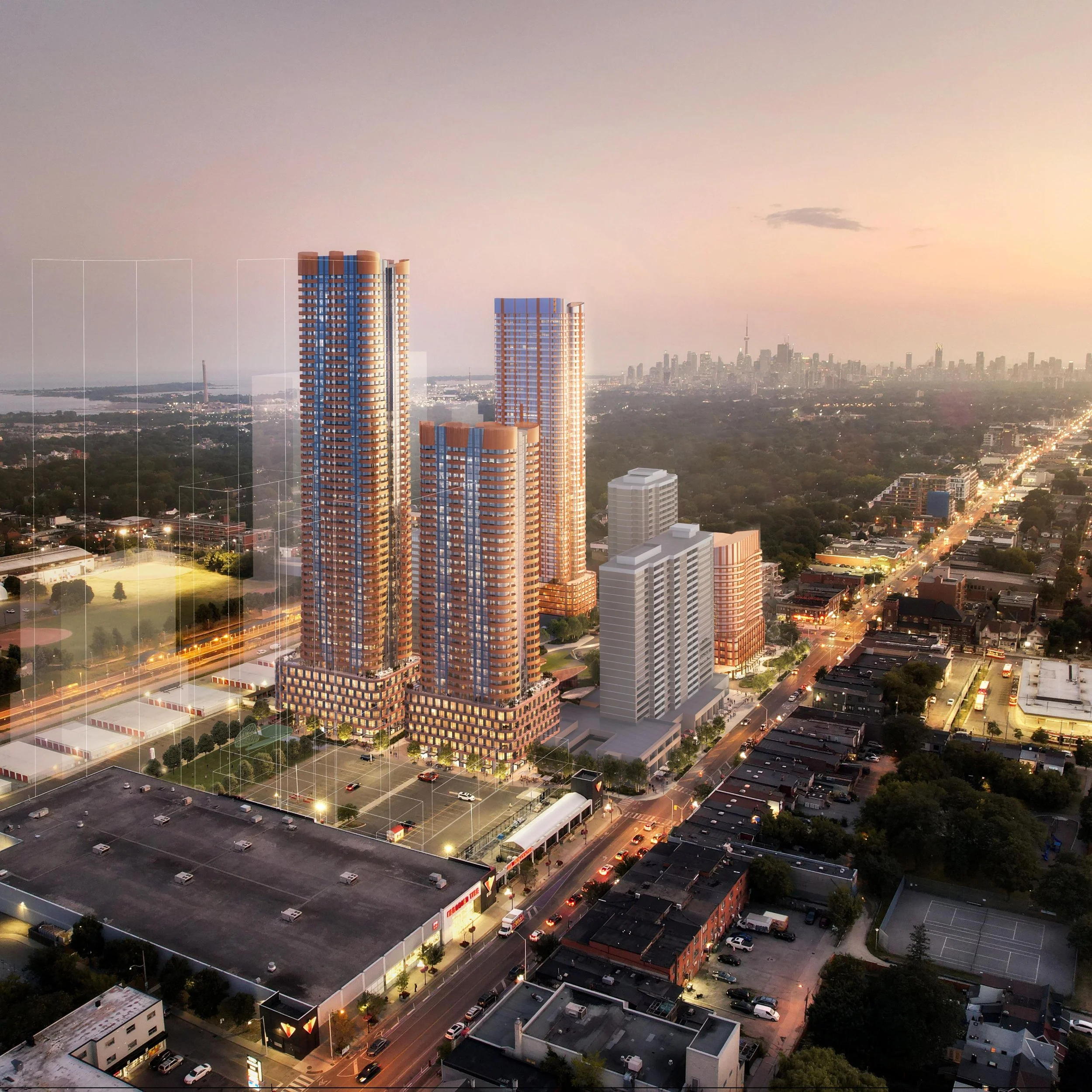 A successful Ontario Land Tribunal proceeding resulted in a mediated settlement approving in principle a rezoning that will transform this complex East Toronto site into a vibrant, complete community.

Designed by WZMH Architects and NAK Design Strat