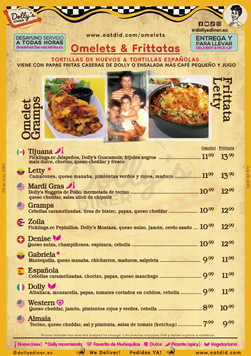 Omelets & Frittatas: Desayunos y Brunch Italo-Americanos. Viene con papas de desayuno estilo diner (papas fritas caseras), café pequeño y jugo del día.