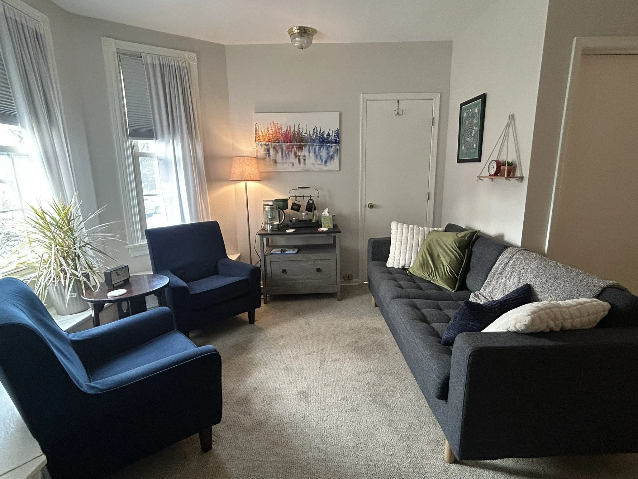 Living room with beige carpet, navy and gray sofas, a small side table with a plant, a floor lamp, windows with white curtains, and wall art.