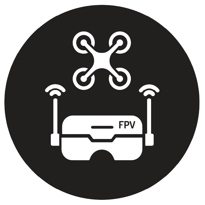 A logo with an image of an fpv drone and fpv goggles
