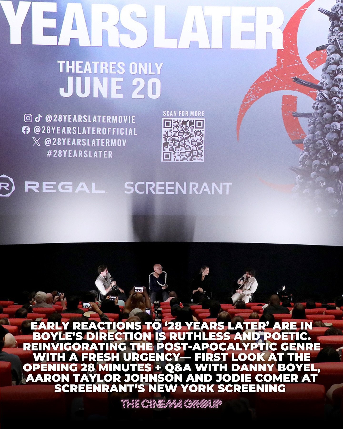 Just screened the first 28 minutes of 28 Years Later, followed by a Q&amp;A with Danny Boyle, Aaron Taylor-Johnson, and Jodie Comer.

If the rest of the film sustains this level of tension and craft, we&rsquo;re looking at a bold return to form.
Boyl