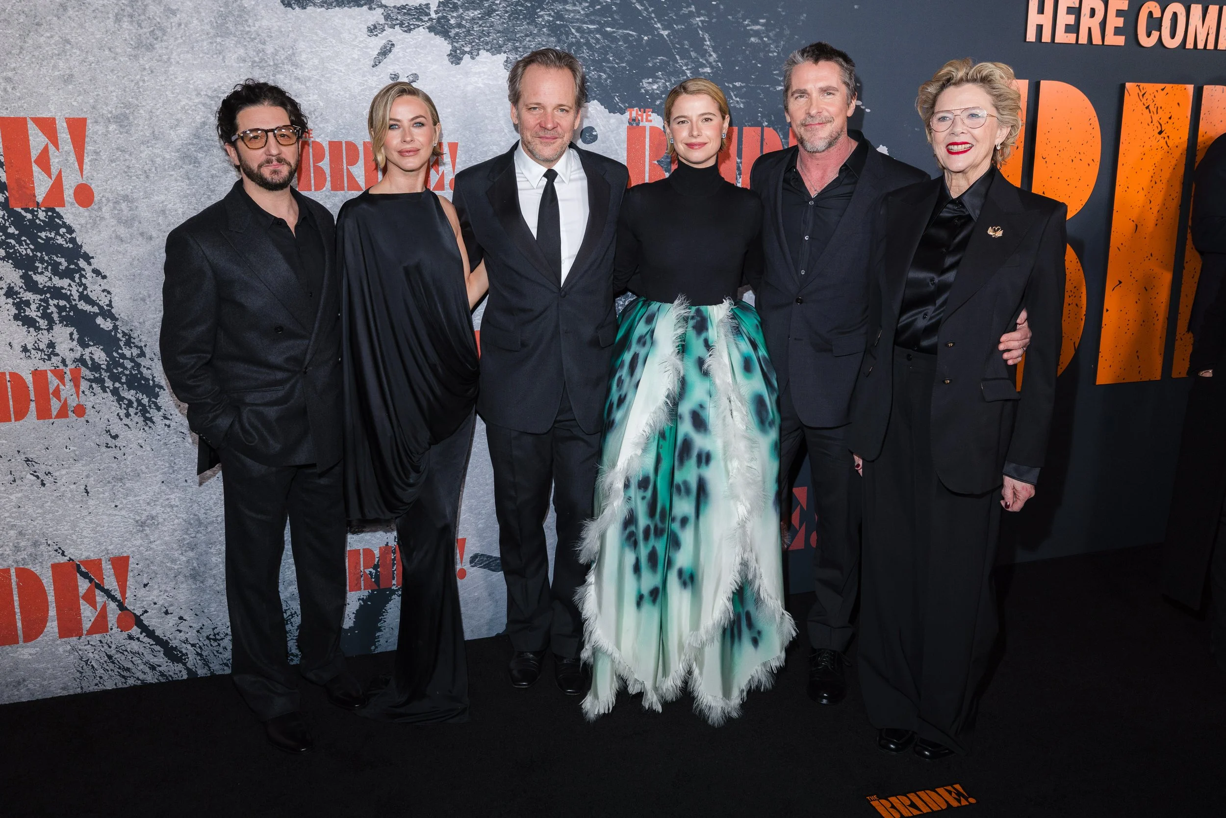 (L-R) John Magaro, Julianne Hough, Peter Sarsgaard, Jessie Buckley, Christian Bale and Annette Bening 