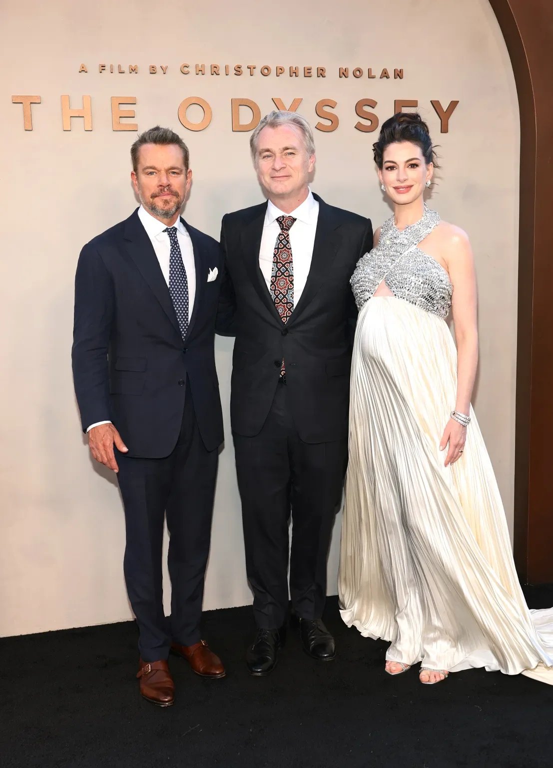 Matt Damon, Christopher Nolan and Anne Hathaway 